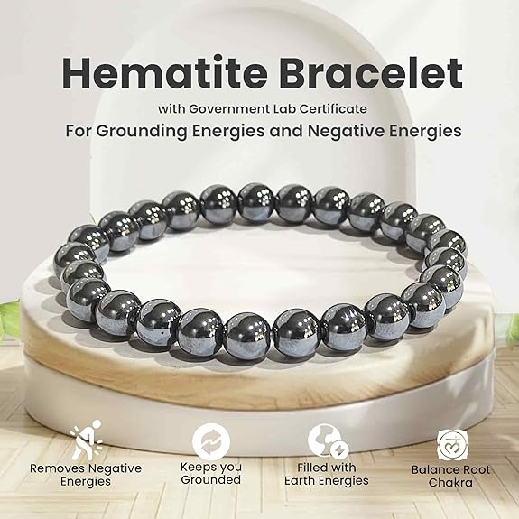 Natural Hematite Bracelet 8-9mm Stretchable Healing Beads Lab Certified for Chakra Balancing and Energy Protection