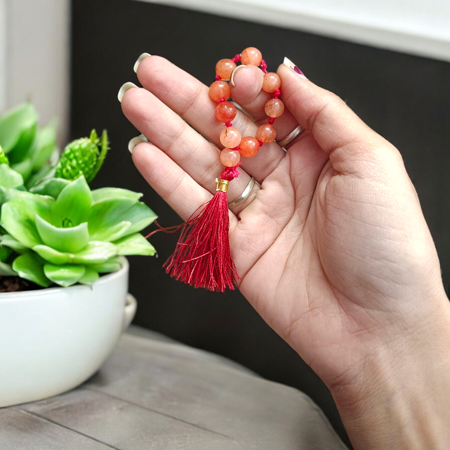 Natural Hessonite (Gomed) Finger Mala 9+1 Beads, 8mm Size – Lab Certified Meditation and Planetary Healing Stone Beads from Timeshopee