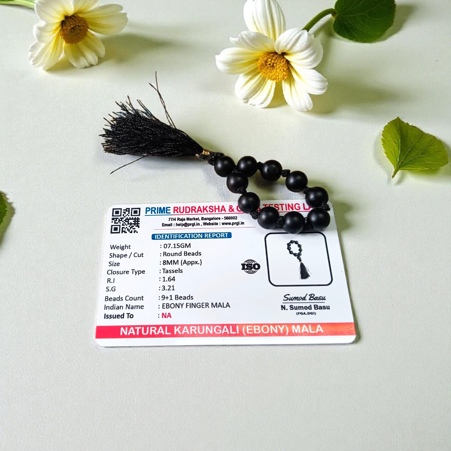 Natural Karungali (Ebony) Finger Mala with 9+1 dark wooden beads, 8mm size, used for meditation, chanting, and puja rituals, suitable for men and women