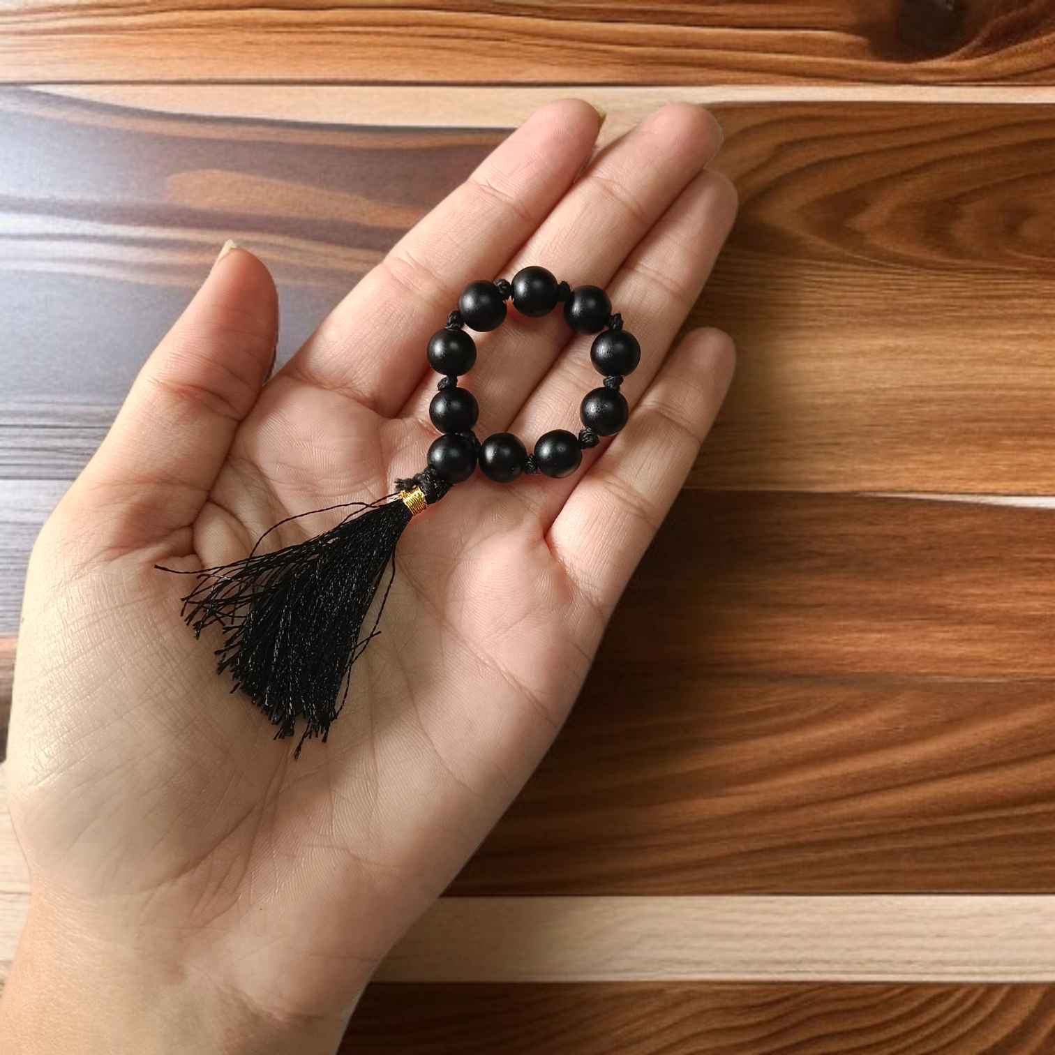 Natural Karungali (Ebony) Finger Mala with 9+1 dark wooden beads, 8mm size, used for meditation, chanting, and puja rituals, suitable for men and women