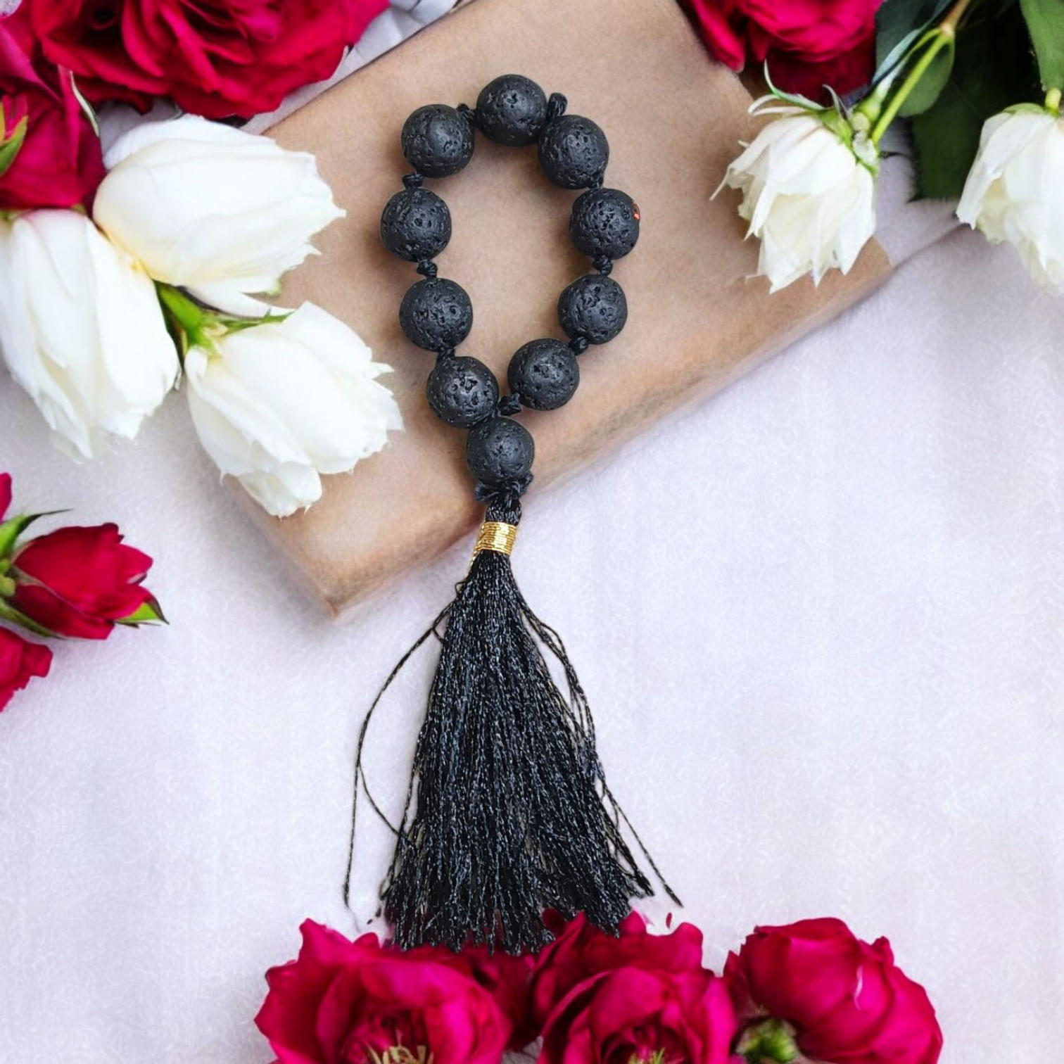 Natural Lava Finger Mala with 9+1 Beads (8mm size), ideal for meditation, chanting, and healing rituals – lab certified and handcrafted for spiritual use