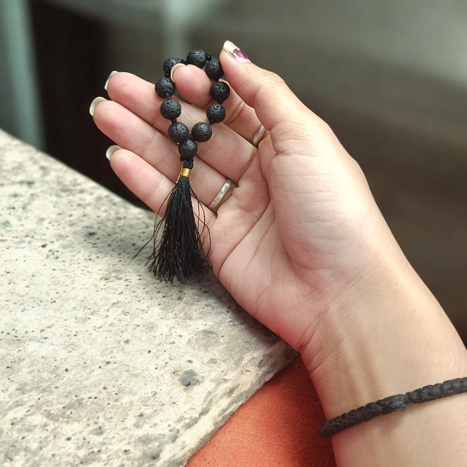 Natural Lava Finger Mala with 9+1 Beads (8mm size), ideal for meditation, chanting, and healing rituals – lab certified and handcrafted for spiritual use