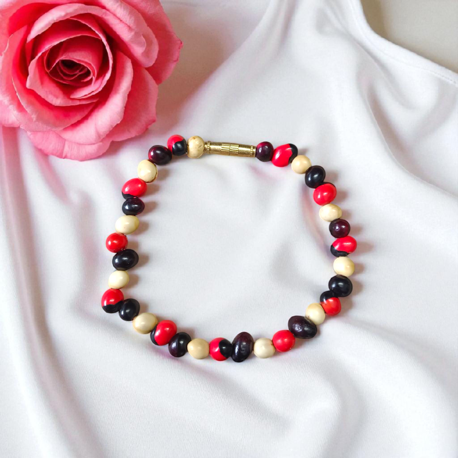 Natural Mix Gunja Bracelet - Red White Black Beads | Lab Certified