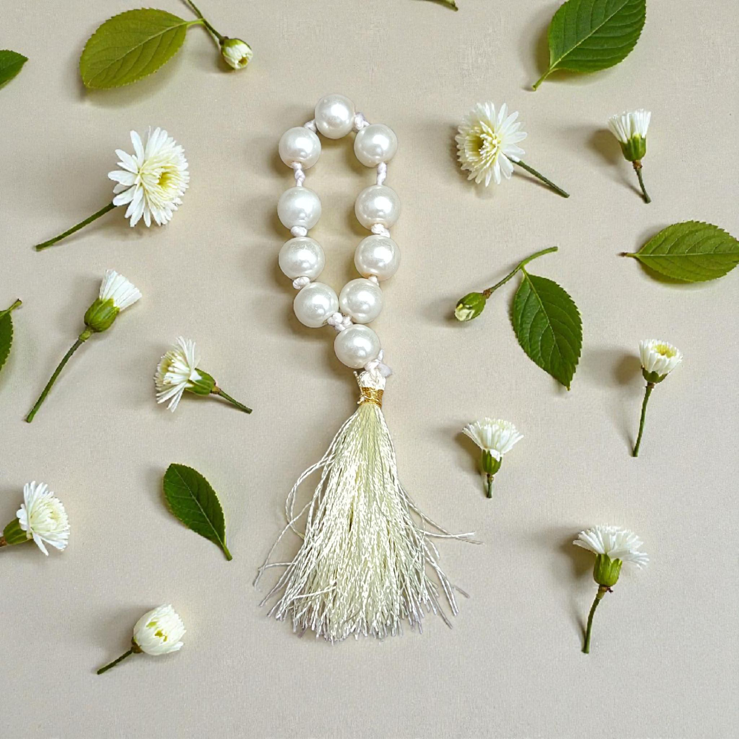 Natural Pearl (Moti) Finger Mala with 9+1 8mm beads, lab certified, ideal for meditation, chanting, and mindfulness practices – handcrafted and authentic