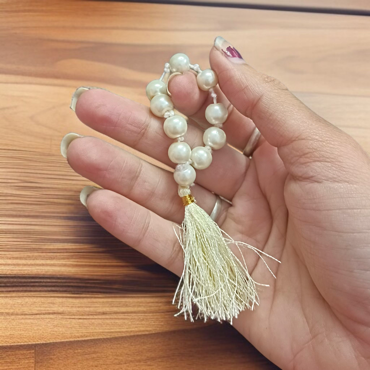 Natural Pearl (Moti) Finger Mala with 9+1 8mm beads, lab certified, ideal for meditation, chanting, and mindfulness practices – handcrafted and authentic