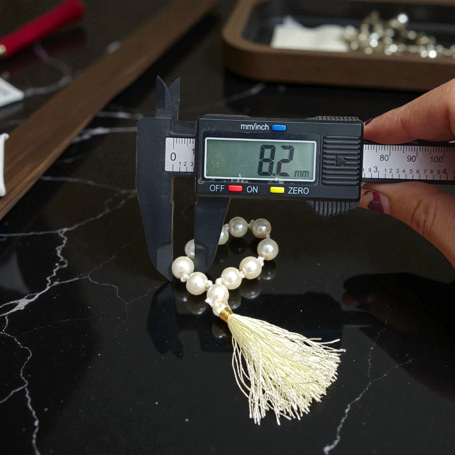 Natural Pearl (Moti) Finger Mala with 9+1 8mm beads, lab certified, ideal for meditation, chanting, and mindfulness practices – handcrafted and authentic