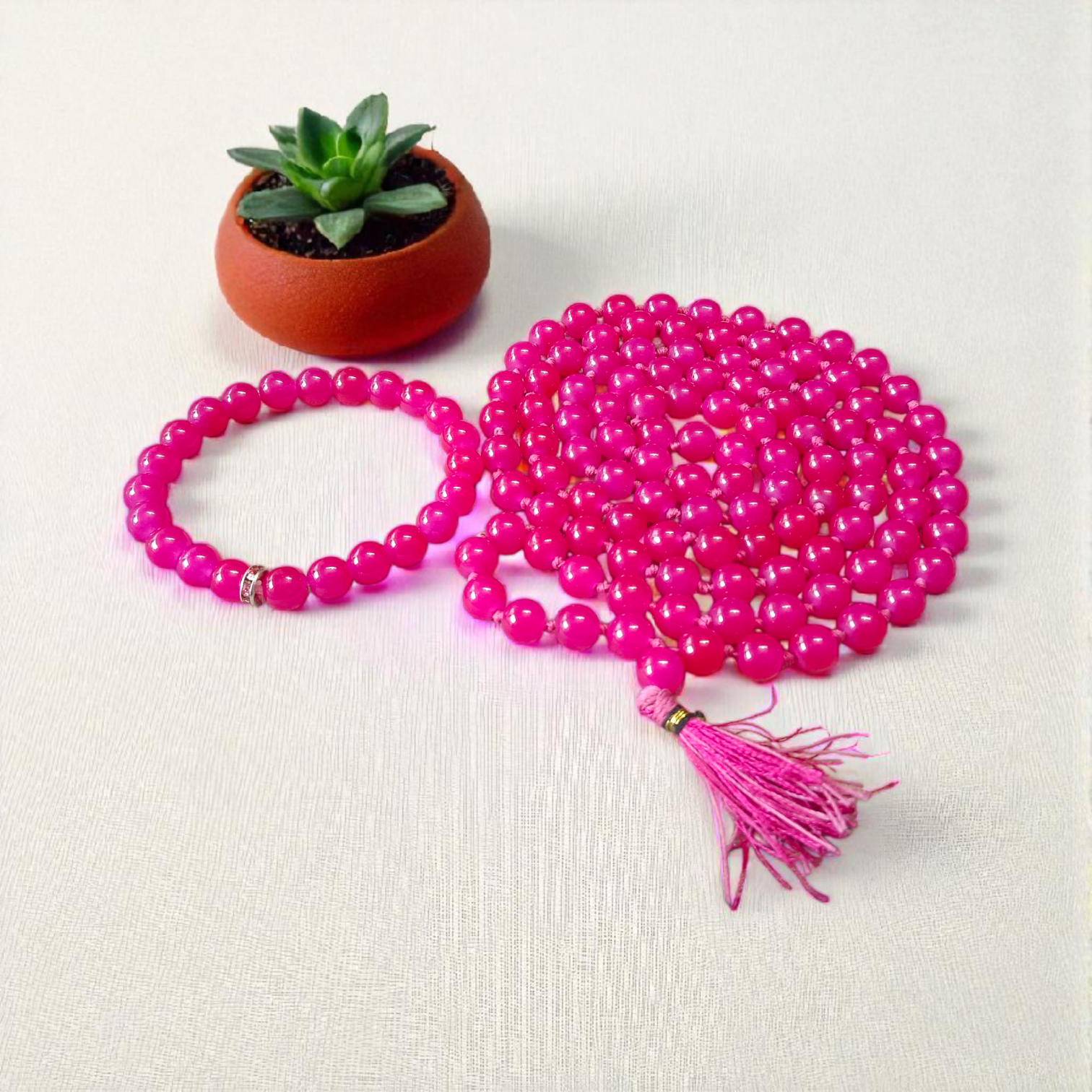 Natural Pink Agate (Pink Hakik) Mala and Bracelet Combo with 108+1 beads (6mm) and stretchable bracelet for meditation, healing, and emotional balance