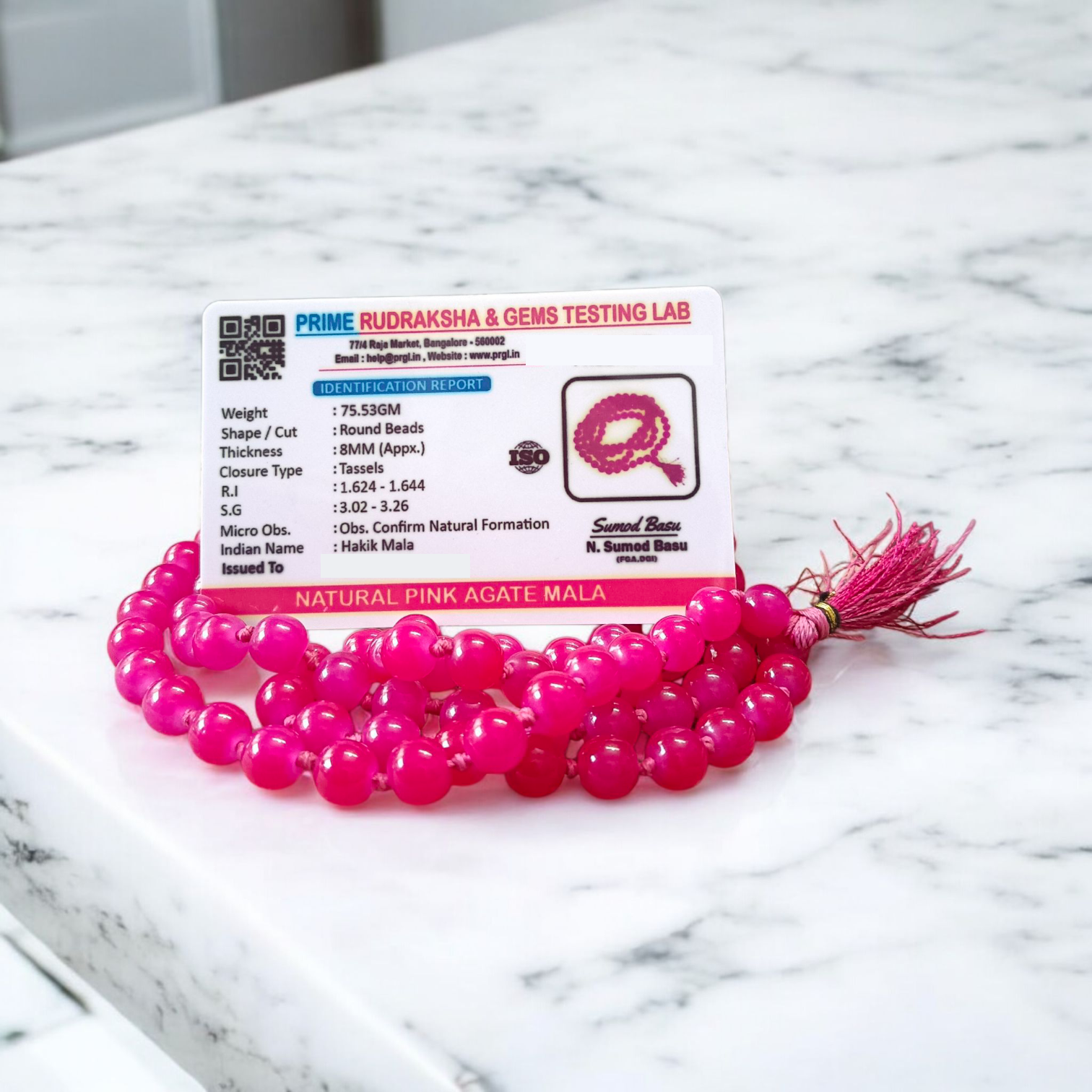 Natural Pink Agate (Pink Hakik) Mala and Bracelet Combo with 108+1 beads (6mm) and stretchable bracelet for meditation, healing, and emotional balance