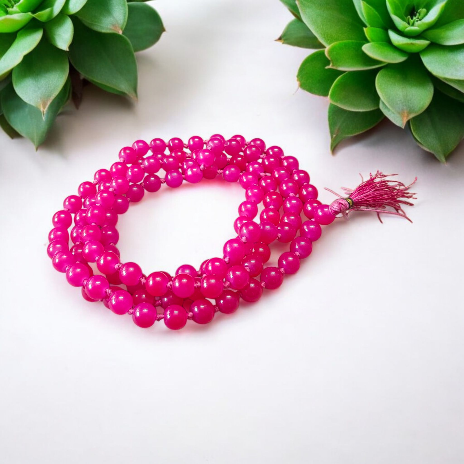 Natural Pink Agate (Pink Hakik) Mala and Bracelet Combo with 108+1 beads (6mm) and stretchable bracelet for meditation, healing, and emotional balance
