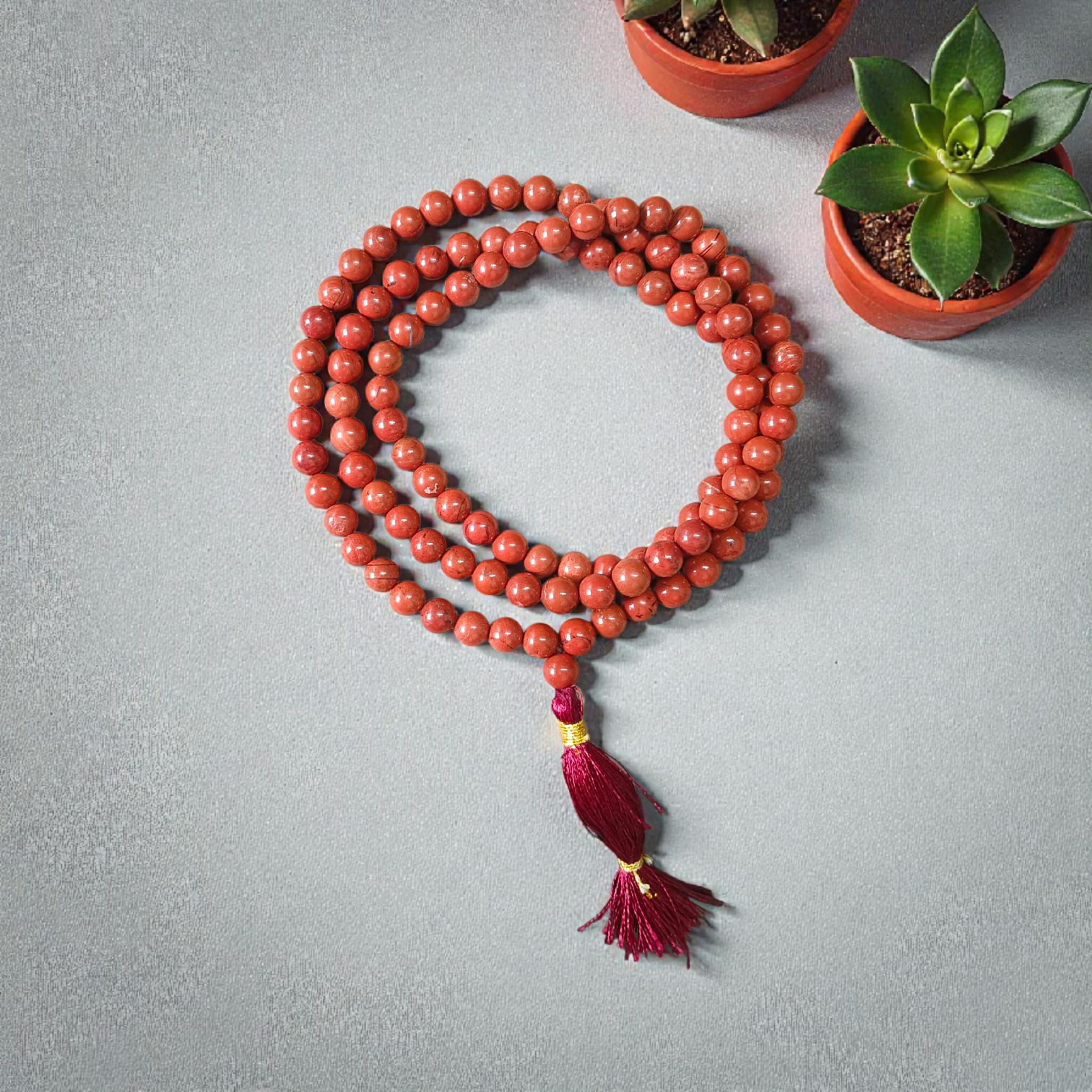 Natural Red Jasper Mala with 108+1 and 27+1 beads, 8mm size, lab-certified, used for meditation and mantra chanting