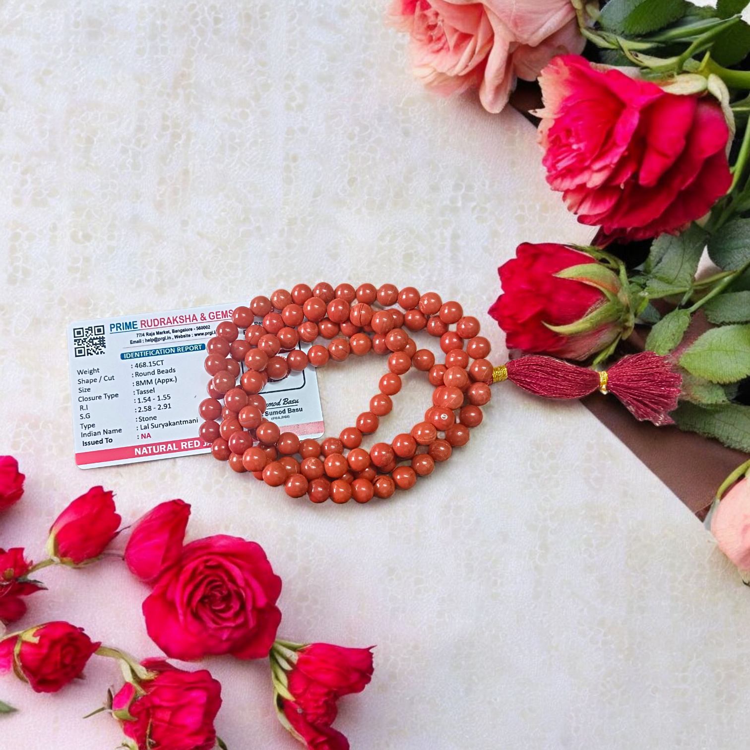 Natural Red Jasper Mala with 108+1 and 27+1 beads, 8mm size, lab-certified, used for meditation and mantra chanting