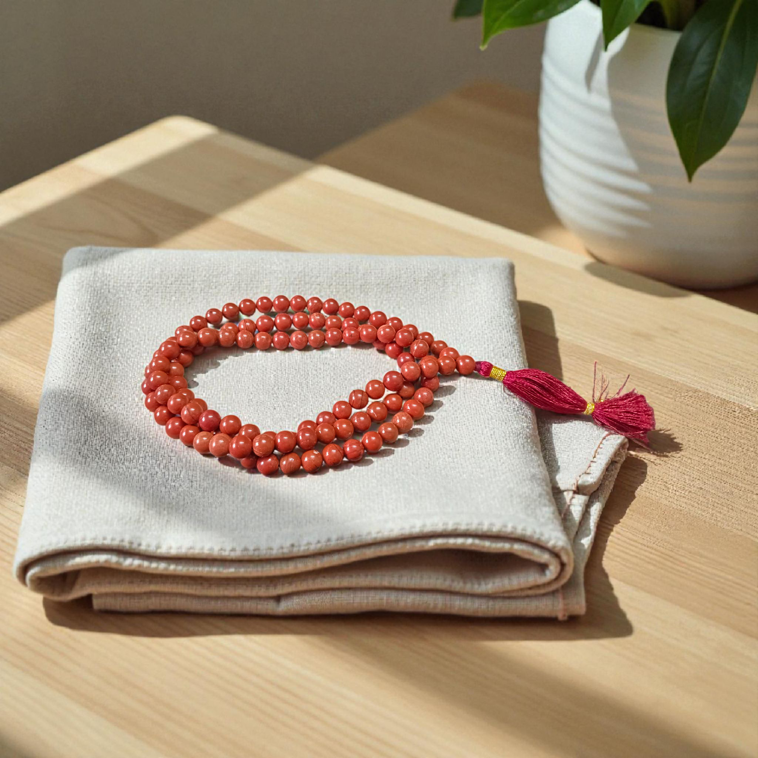 Natural Red Jasper Mala with 108+1 and 27+1 beads, 8mm size, lab-certified, used for meditation and mantra chanting