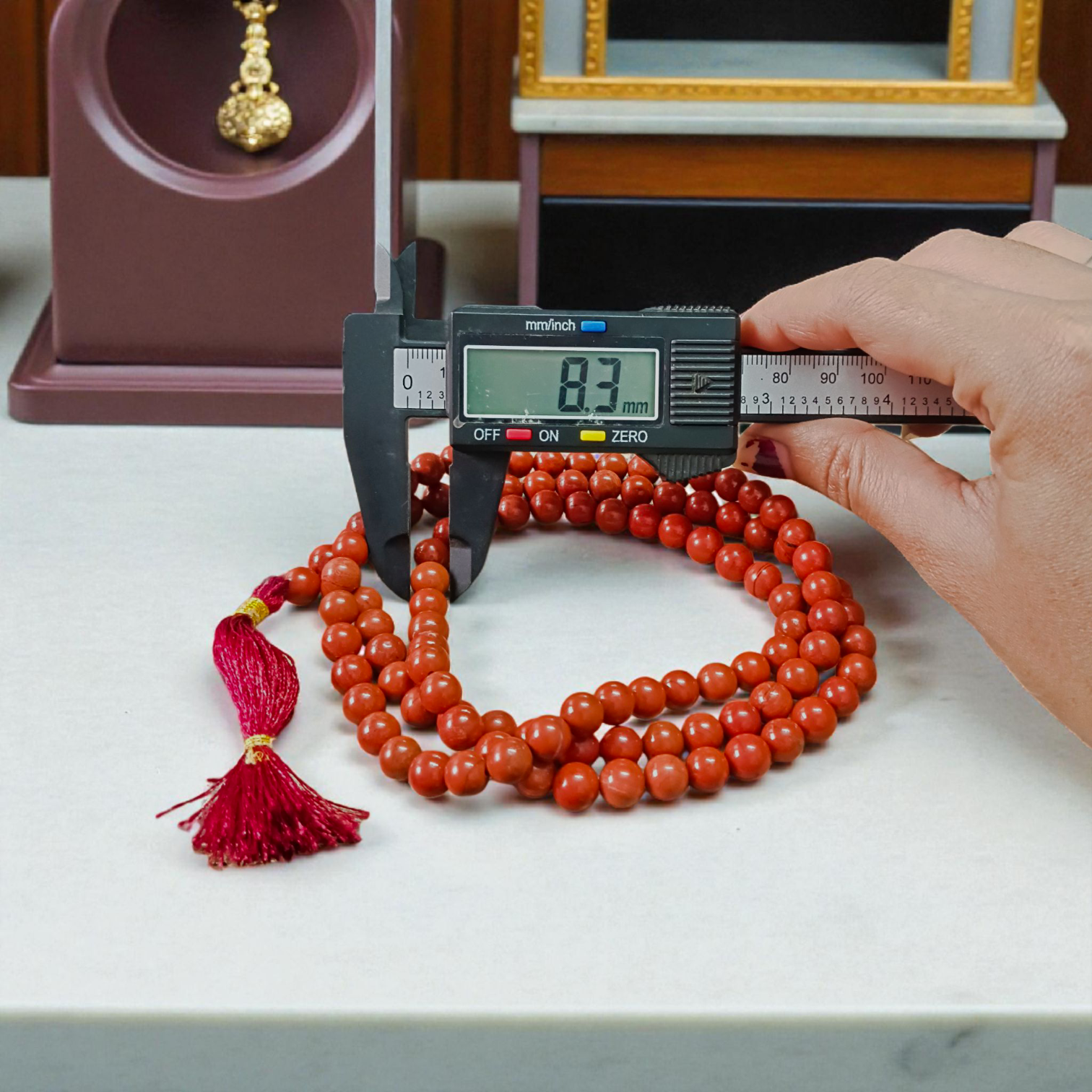 Natural Red Jasper Mala with 108+1 and 27+1 beads, 8mm size, lab-certified, used for meditation and mantra chanting