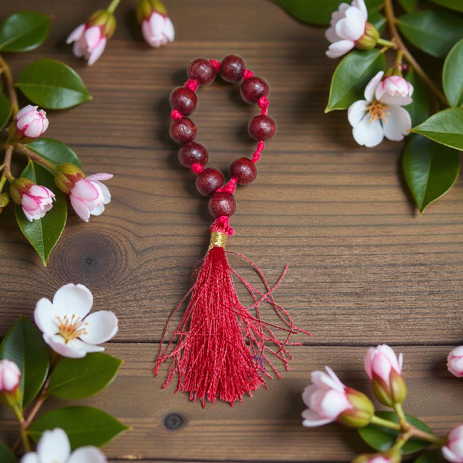 Natural Red Sandalwood (Lal Chandan) Finger Mala 9+1 Beads, 8mm Size – Lab Certified Meditation and Spiritual Practice Beads from Timeshopee