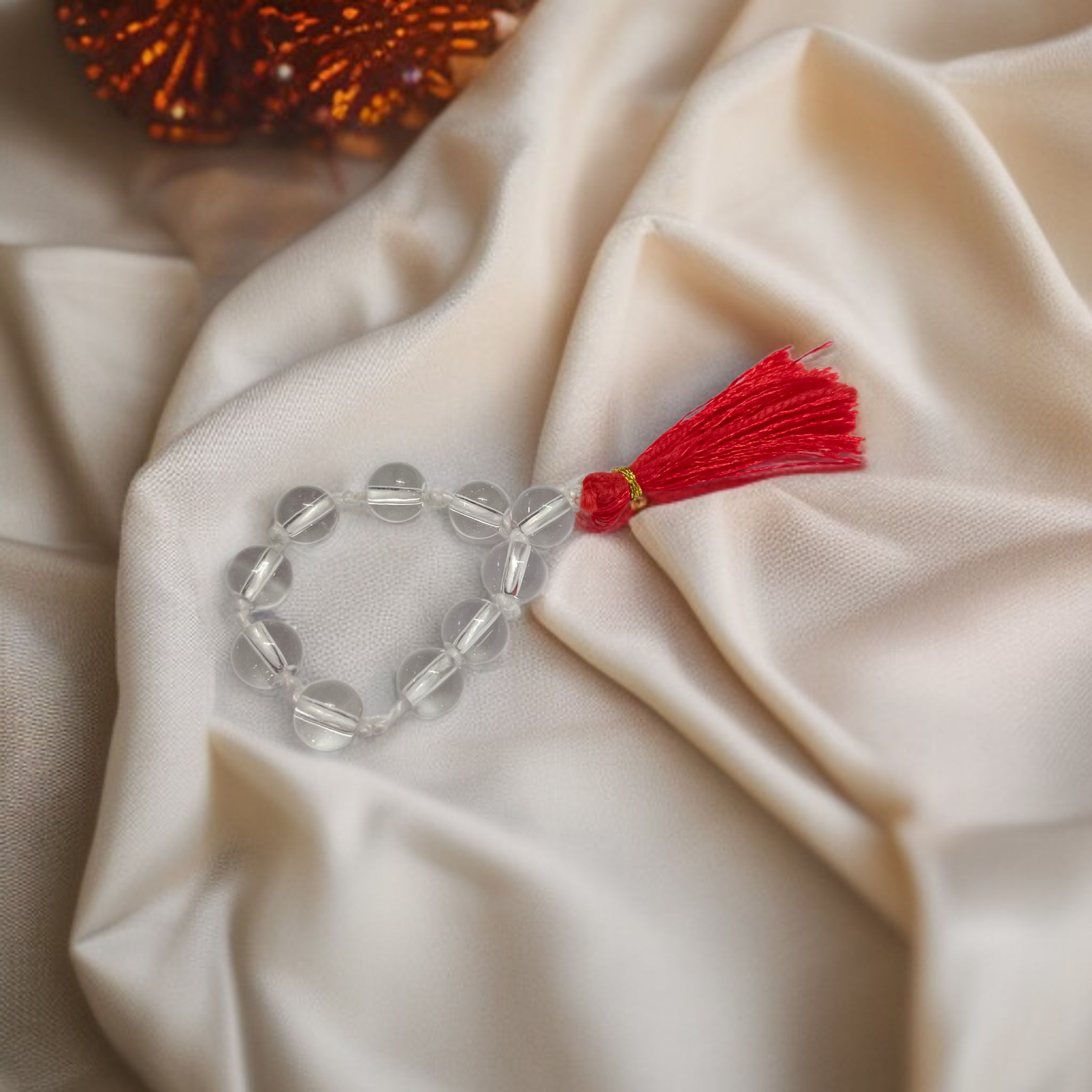 Natural Rock Crystal (Sphatik) Finger Mala with 9+1 transparent crystal beads, 7-8mm size, used for meditation and mental peace