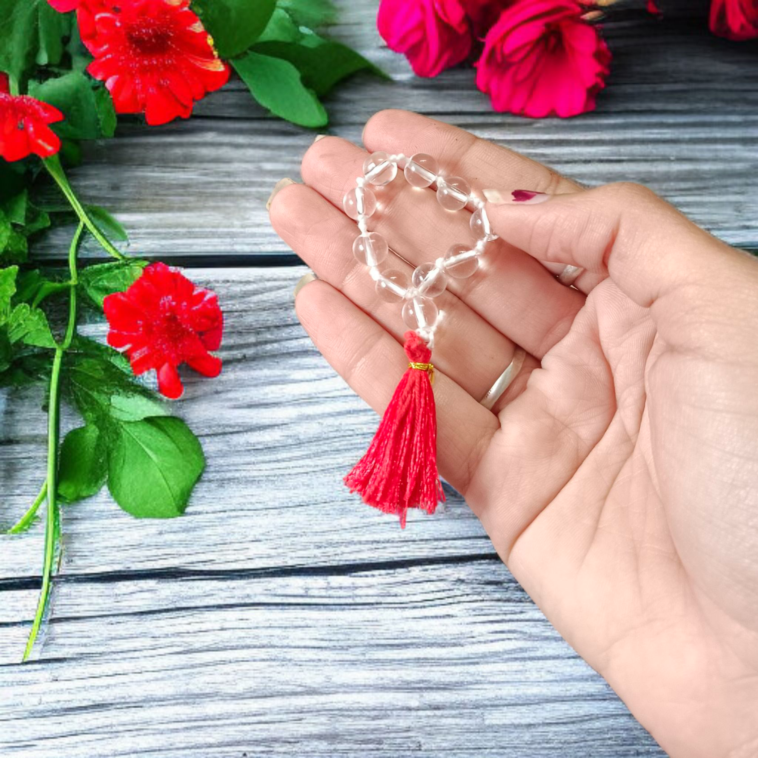 Natural Rock Crystal (Sphatik) Finger Mala with 9+1 transparent crystal beads, 7-8mm size, used for meditation and mental peace