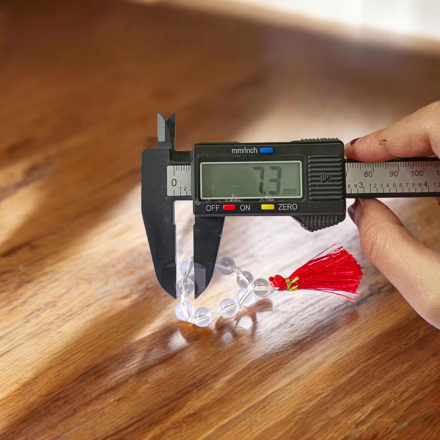 Natural Rock Crystal (Sphatik) Finger Mala with 9+1 transparent crystal beads, 7-8mm size, used for meditation and mental peace