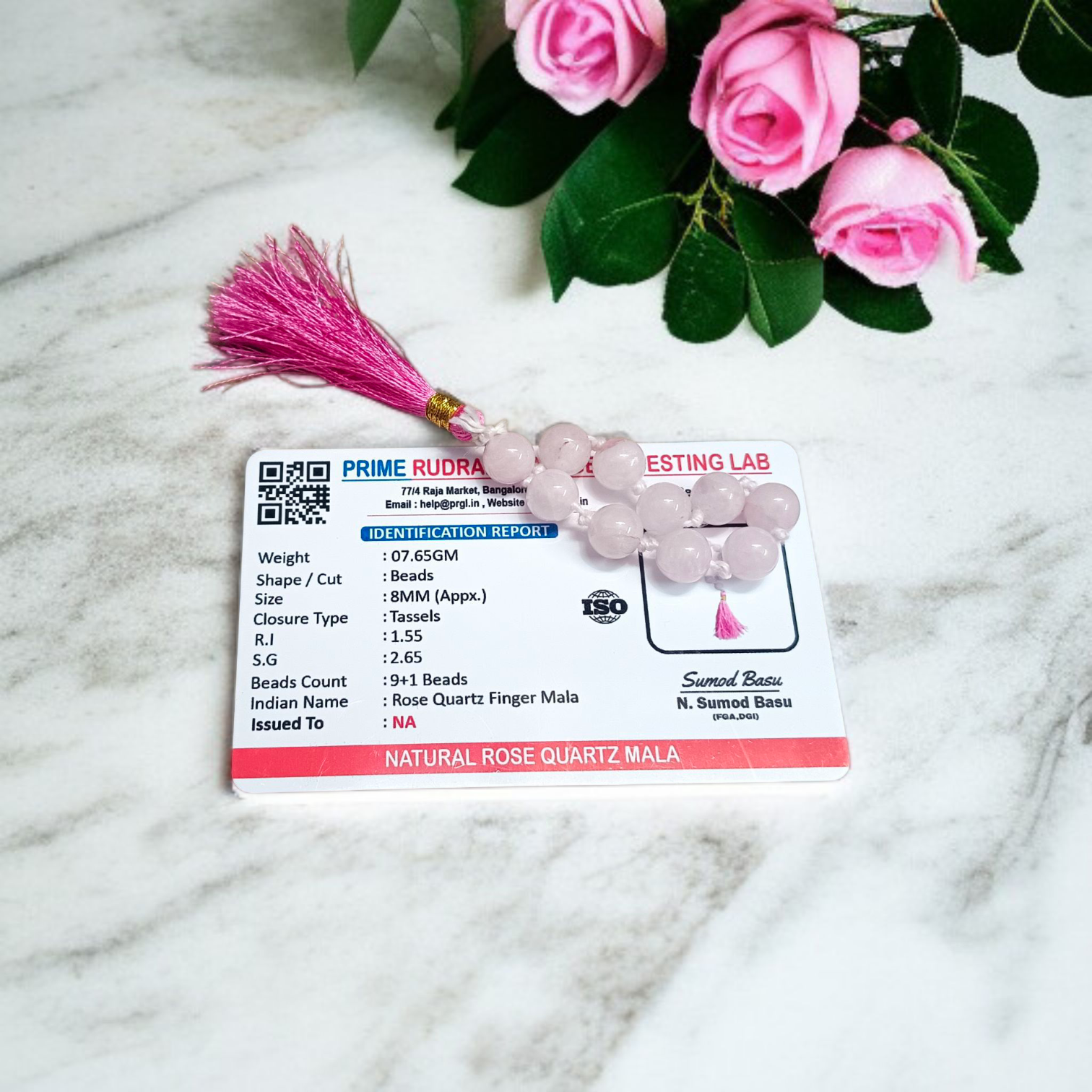 Natural Rose Quartz Finger Mala with 9+1 8mm beads, lab certified, ideal for meditation, mindfulness, and chanting – handcrafted and authentic