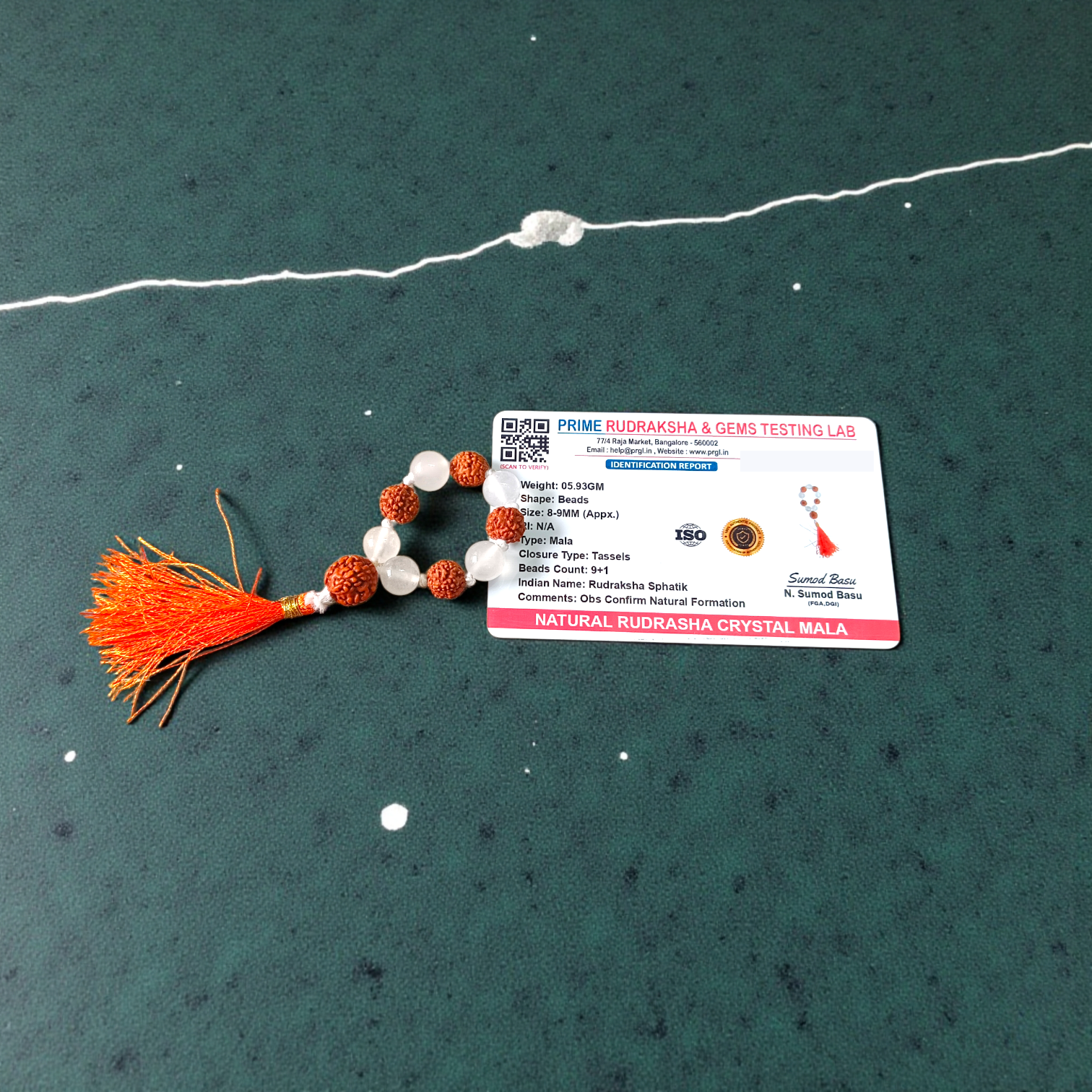 Natural Rudraksha Crystal Finger Mala 9+1 beads with Sphatik, lab-certified spiritual meditation accessory