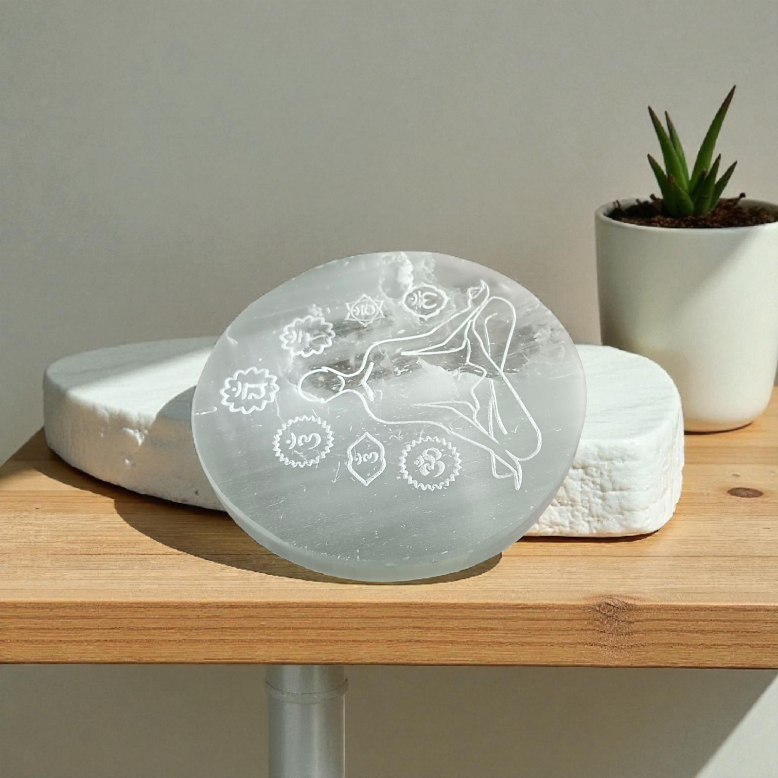 Natural Selenite 7 Chakra Meditation Plate for Reiki healing, chakra balancing, crystal charging, and Pooja rituals