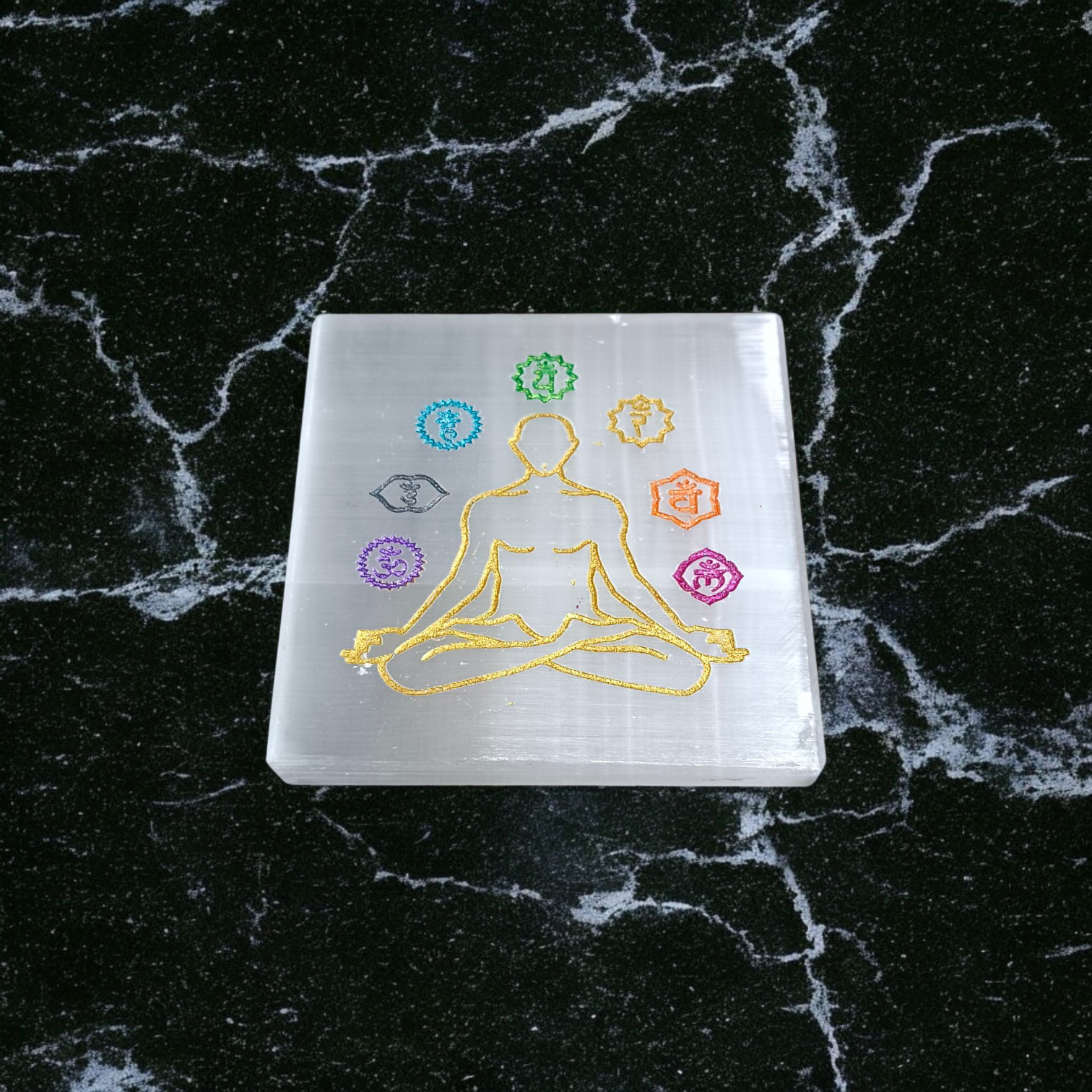 Natural Selenite Charging Plate with 7 Chakra engraving for energy cleansing, crystal charging, and meditation
