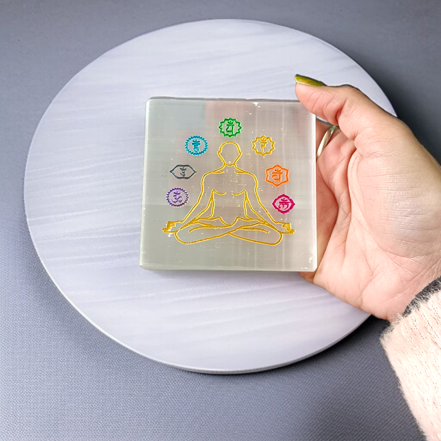 Natural Selenite Charging Plate with 7 Chakra engraving for energy cleansing, crystal charging, and meditation