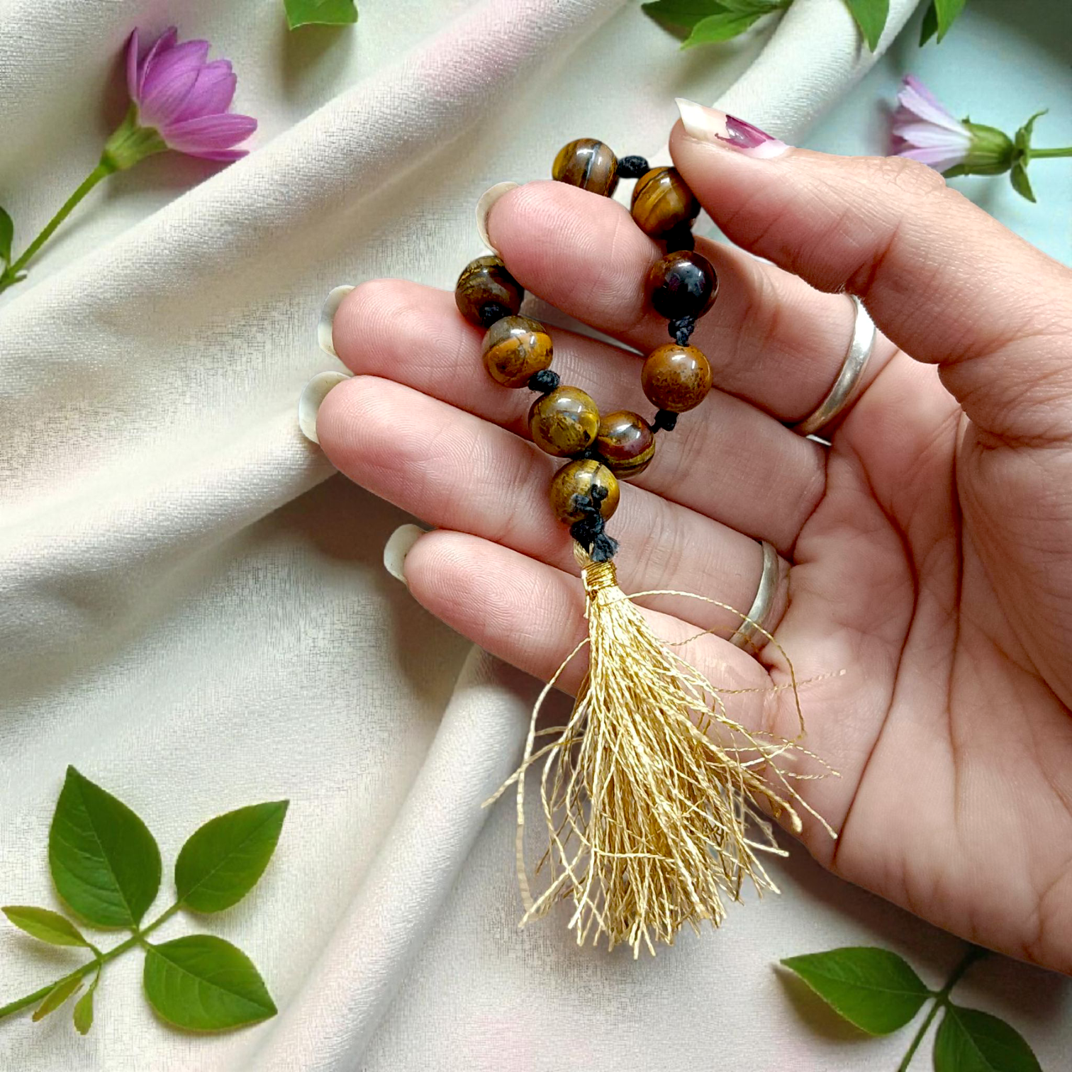 Natural Tiger Eye Finger Mala 9+1 Beads, 8mm Size – Lab Certified Meditation and Chanting Stone Beads for Strength and Focus from Timeshopee