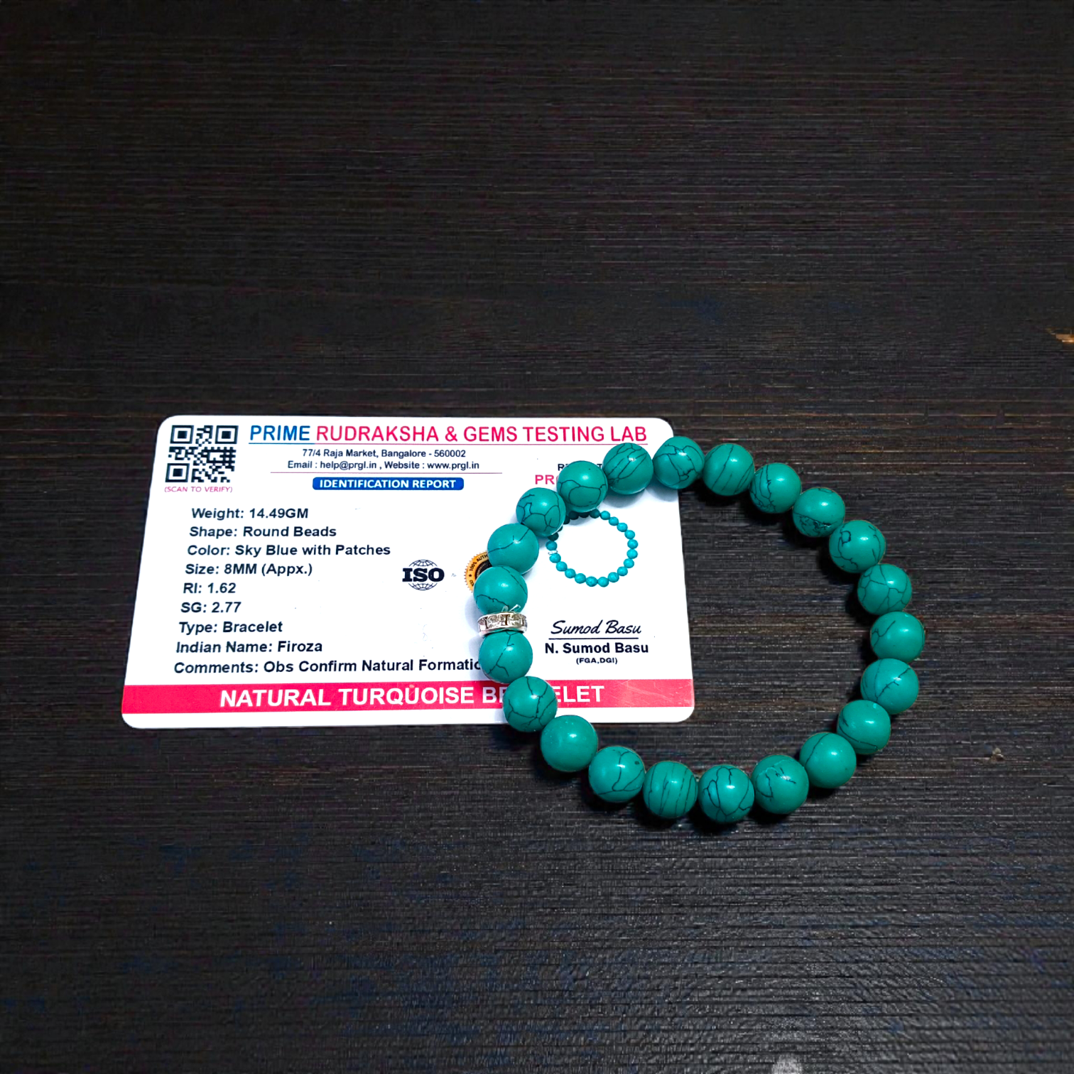 Natural Turquoise (Firoza) Bracelet with 8MM lab-certified beads, stretchable design for emotional balance and daily protection