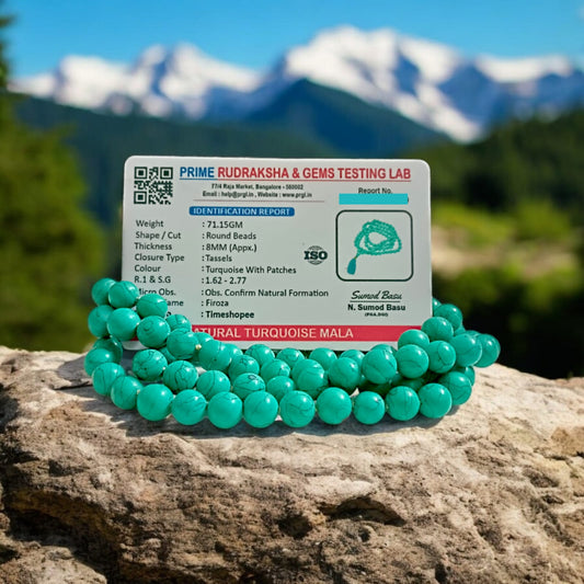 Natural Turquoise Mala with 8mm beads laid out on a wooden surface, showing two variants 27+1 and 108+1 beads.