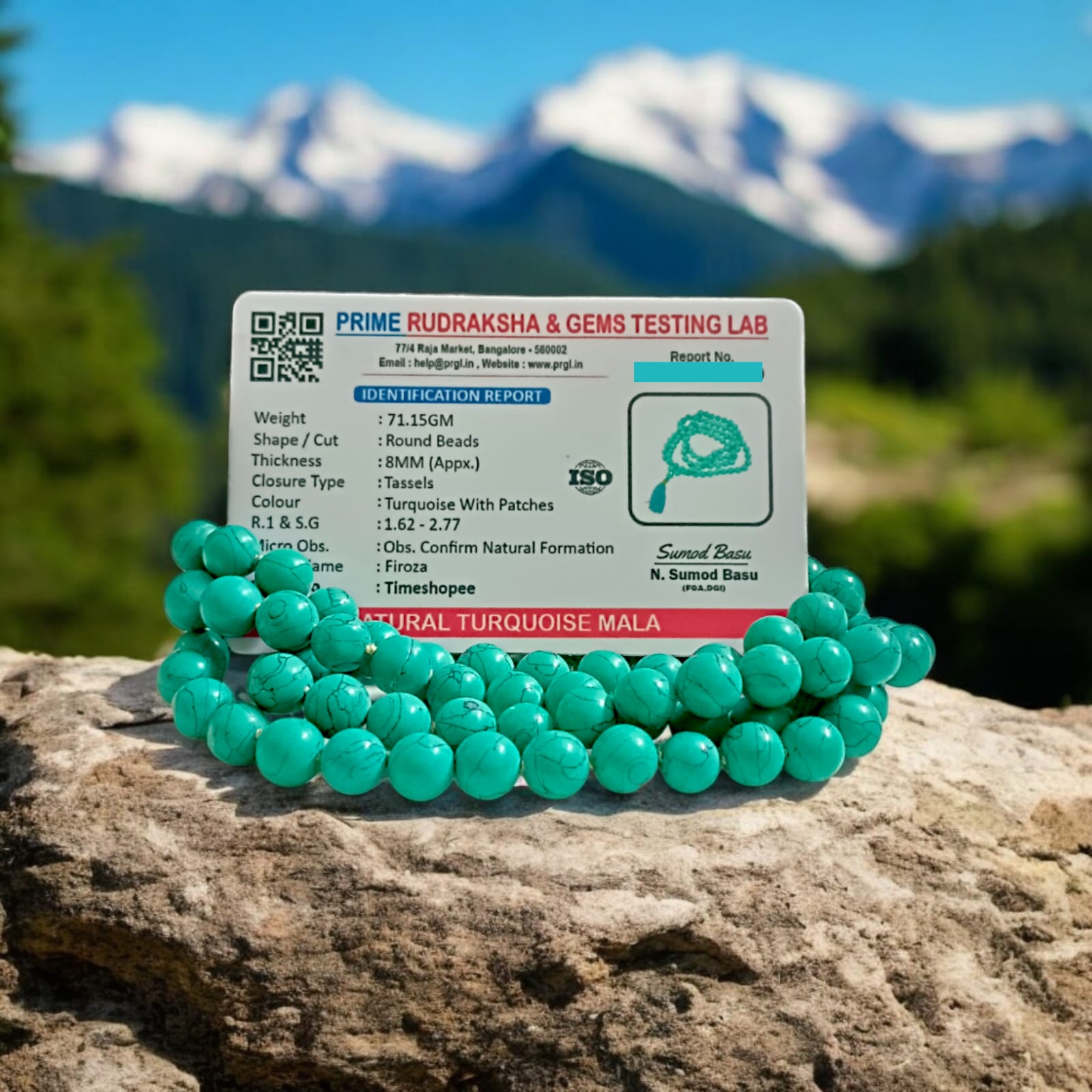 Natural Turquoise Mala with 8mm beads laid out on a wooden surface, showing two variants 27+1 and 108+1 beads.