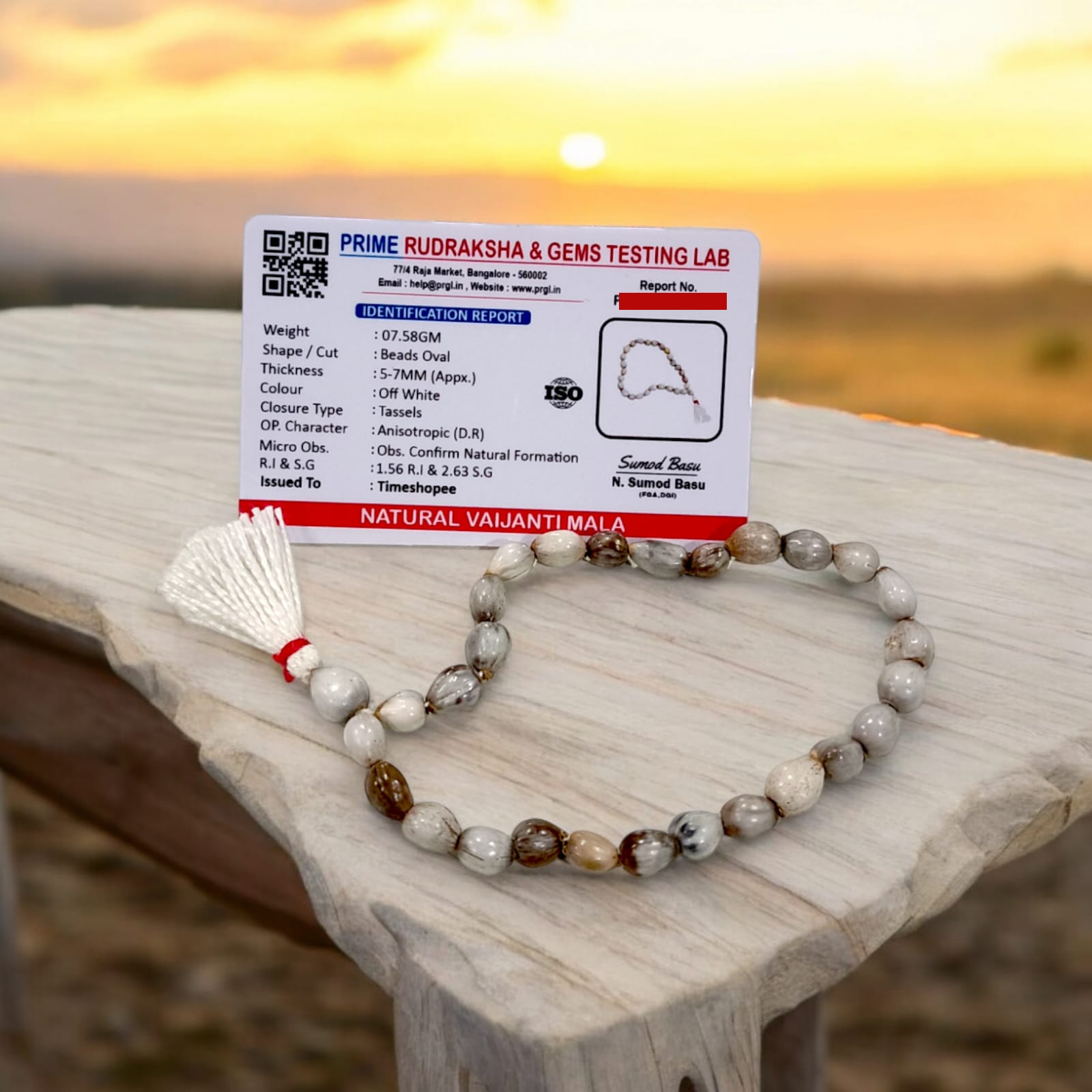 Natural Vaijanti Mala with Lab Certificate, featuring 27+1 beads, displayed in a protective pouch, ideal for jaap and meditation.