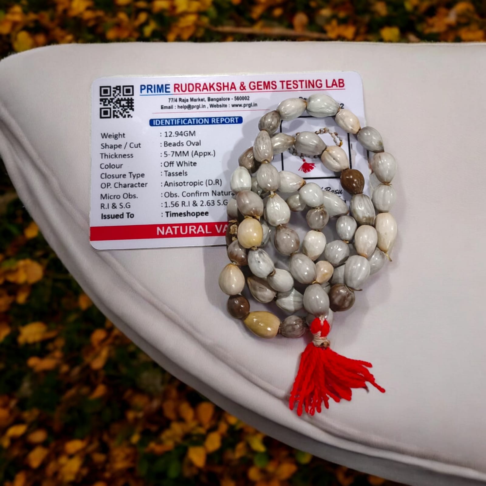 Natural Vaijanti Mala with Lab Certificate, featuring 54+1 beads, displayed inside a protective pouch from Timeshopee.