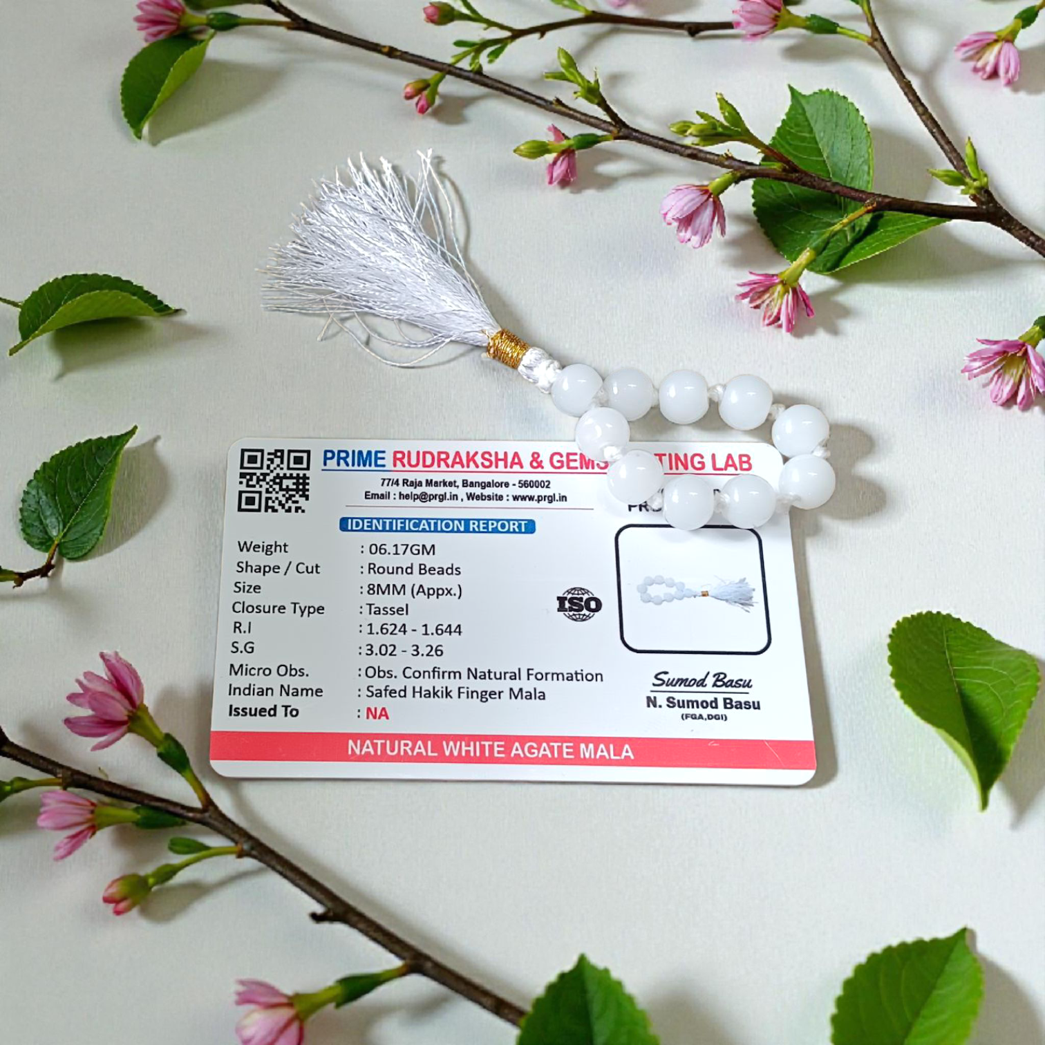 Natural White Agate (Safed Hakik) Finger Mala with 9+1 polished white beads, 8mm size, used for meditation, chanting, and healing by men and women