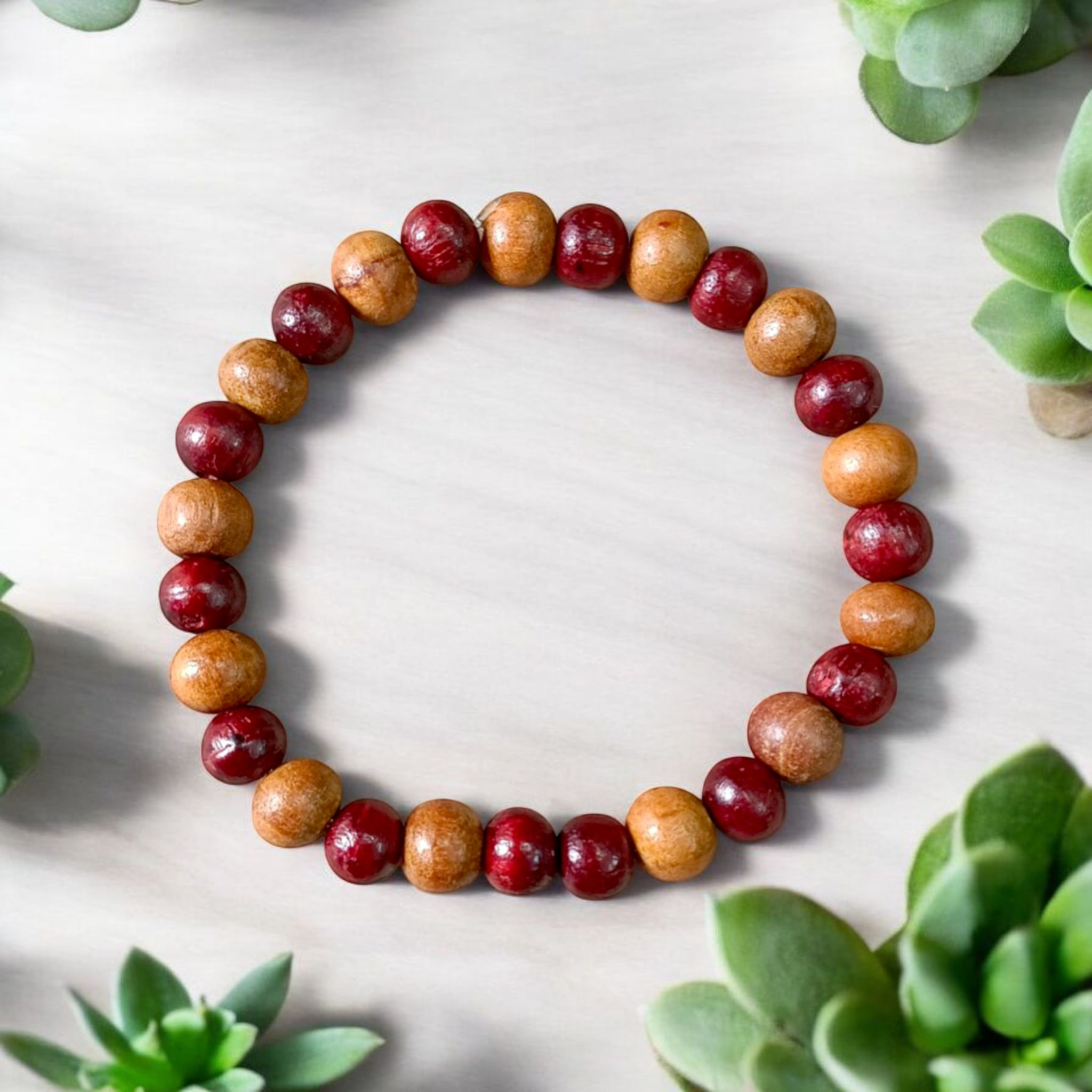 Natural White & Red Sandalwood Bracelet with 8mm round beads, handcrafted with stretchable elastic and lab certification, ideal for spiritual and daily use