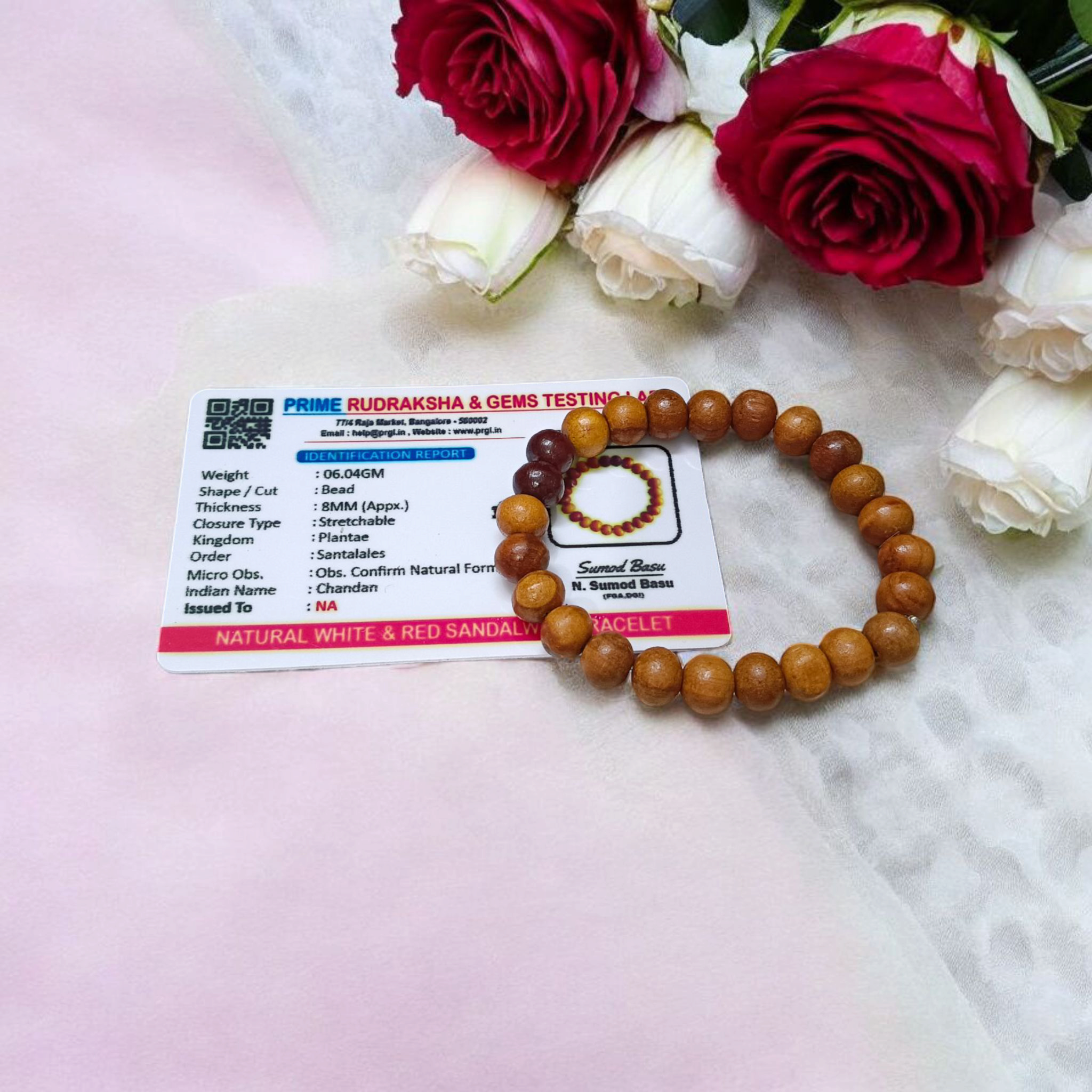 Natural White and Red Sandalwood Bracelet with 8mm lab-certified beads, displayed in a clean and elegant style