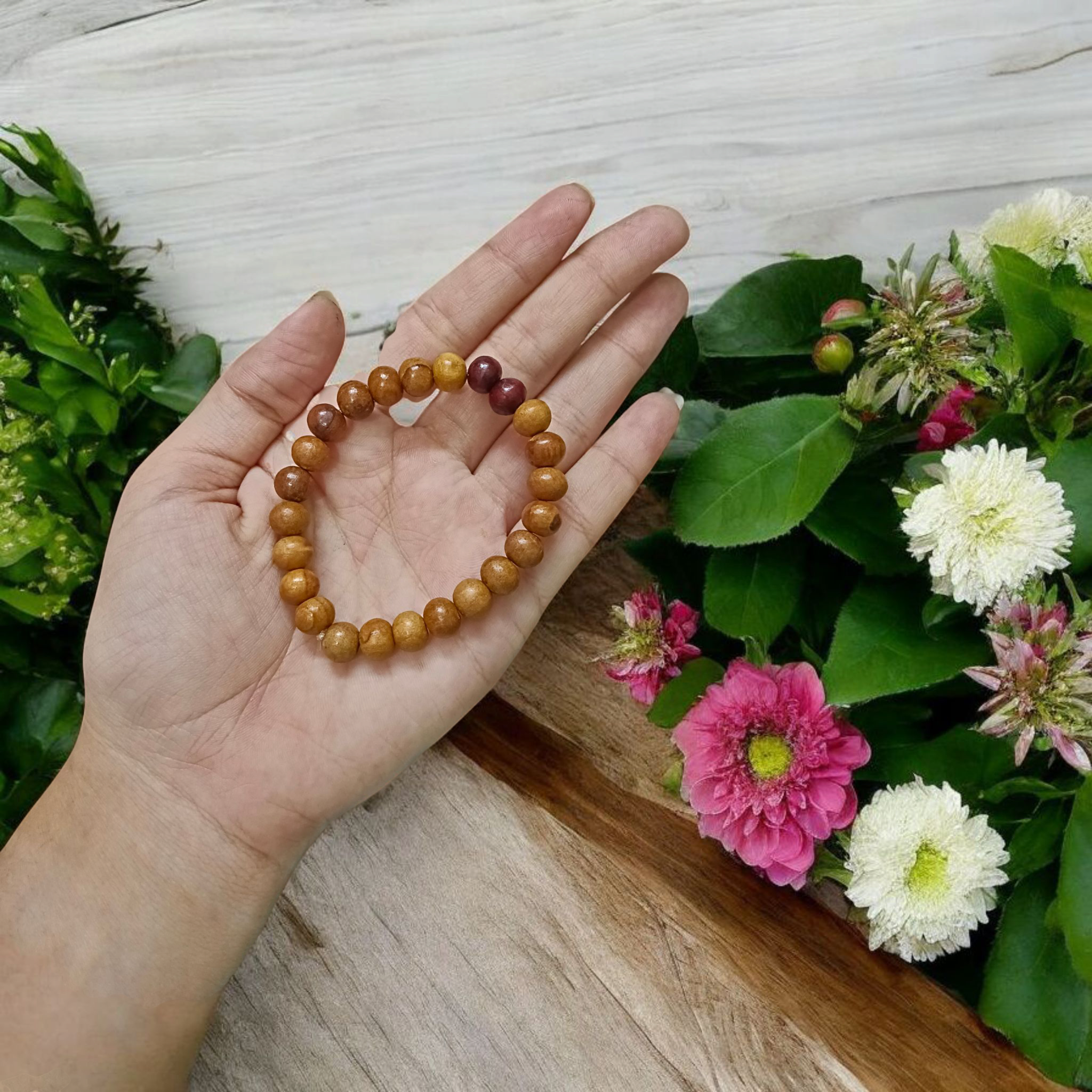 Natural White and Red Sandalwood Bracelet with 8mm lab-certified beads, displayed in a clean and elegant style