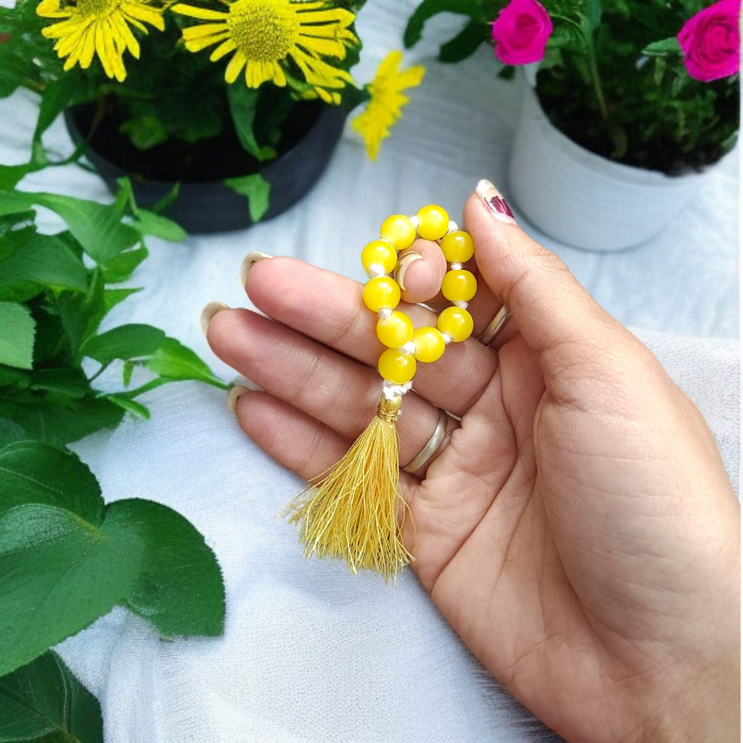 Natural Yellow Agate (Yellow Hakik) Finger Mala with 9+1 8mm beads, lab certified, ideal for meditation, chanting, and spiritual healing – handcrafted and genuine