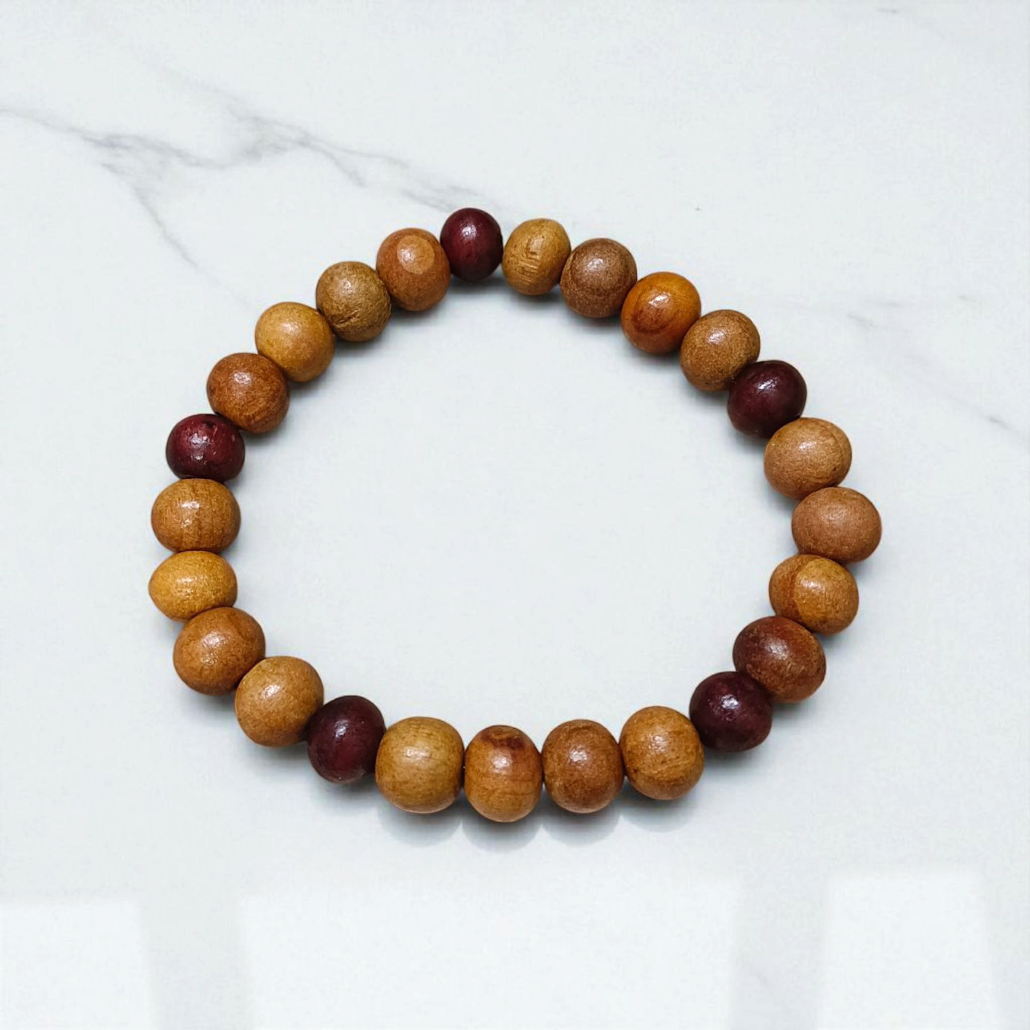 Natural white and red sandalwood stretchable bracelet with 8mm polished round beads, ideal for meditation and spiritual use
