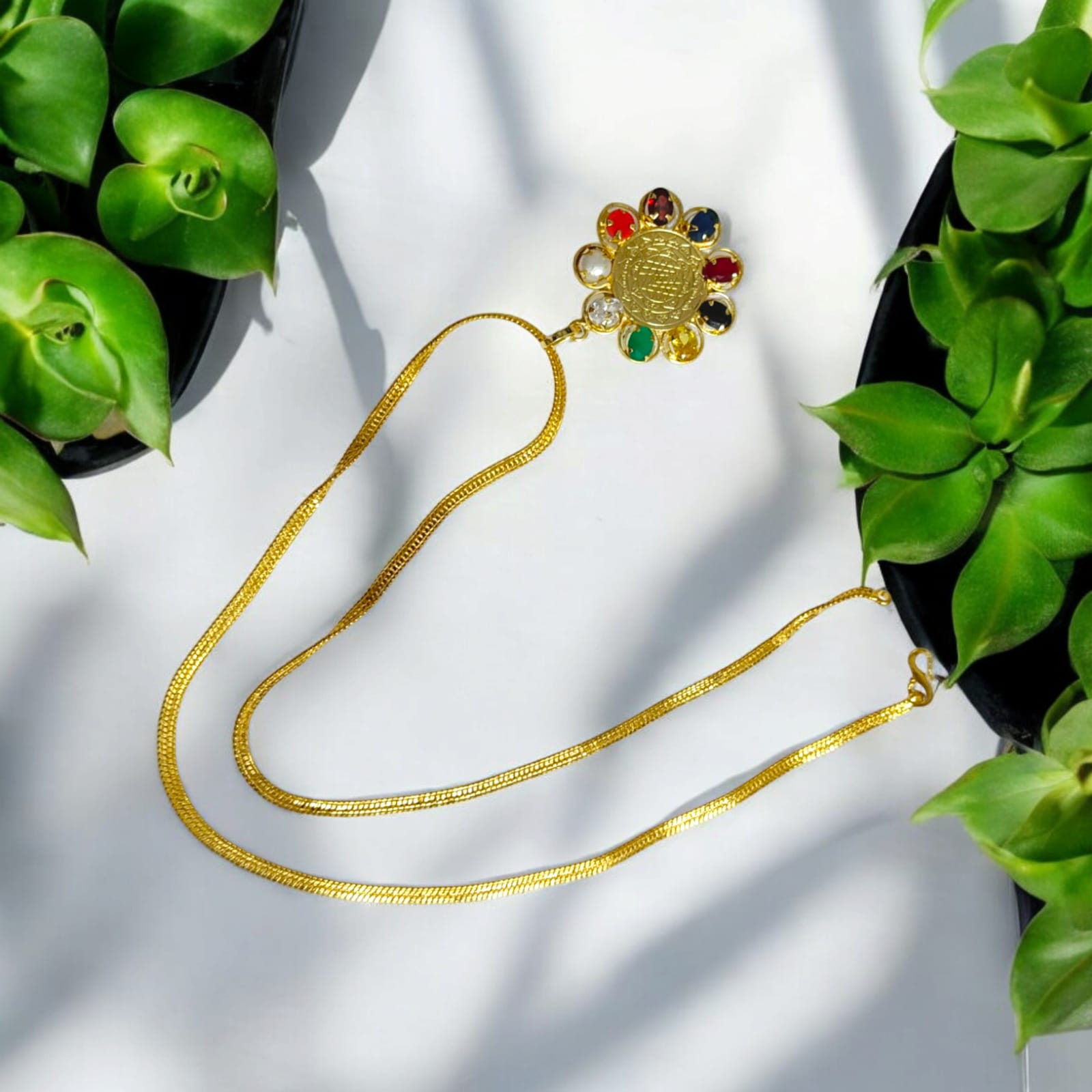 Navratna Locket with Shri Yantra - Gold Pendant with Gold Plated Chain from Timeshopee