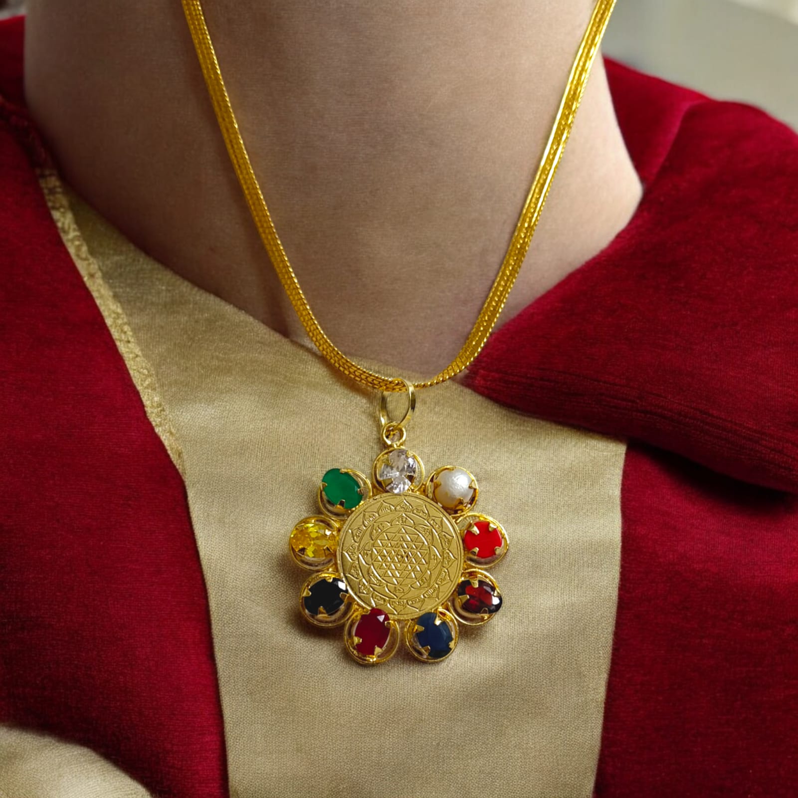Navratna Locket with Shri Yantra - Gold Pendant with Gold Plated Chain from Timeshopee