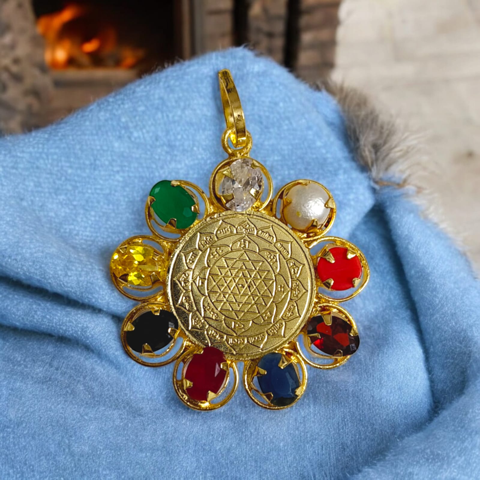 Navratna Locket with Shri Yantra - Gold Pendant with Gold Plated Chain from Timeshopee