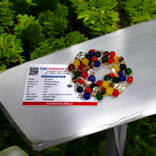 Navratna Mala with Rudraksh beads, featuring lab-certified gemstones for astrological balance and spiritual enhancement.