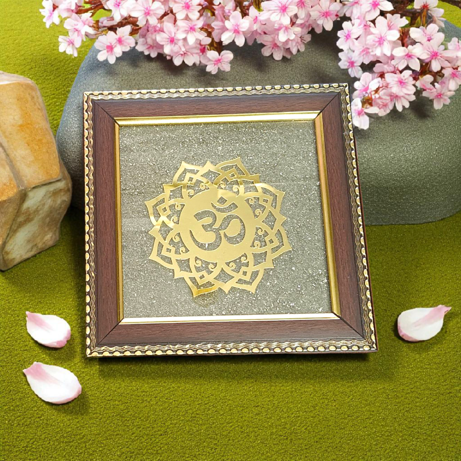Om Shanti Yantra on Raw Pyrite Wall Frame – 7x7 Inch Wooden Vastu Decor for Meditation, Yoga, Pooja Room, and Office