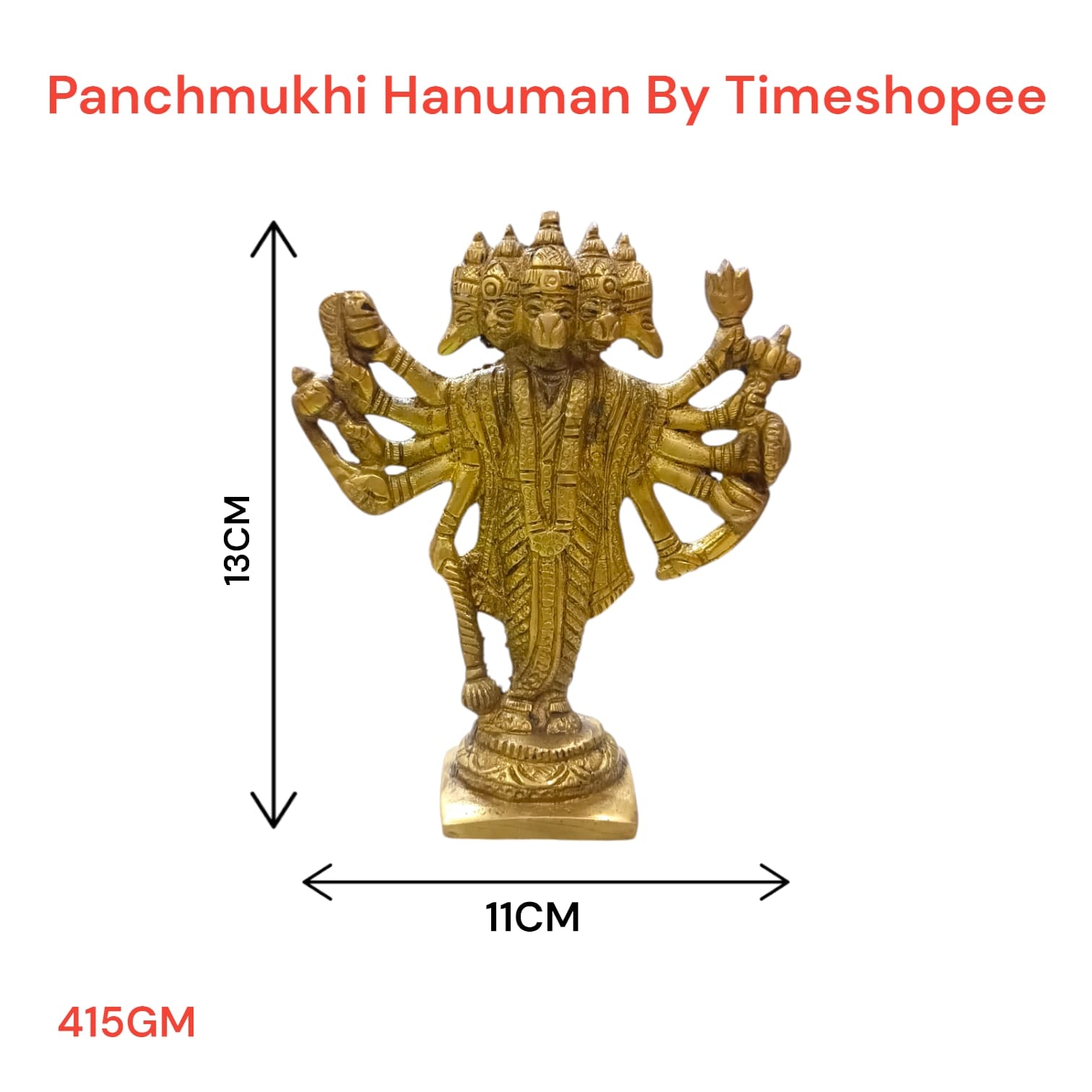 Panchmukhi Hanuman Ji Brass Idol - Intricately Designed Hanuman Statue by Timeshopee-Online Religious Store