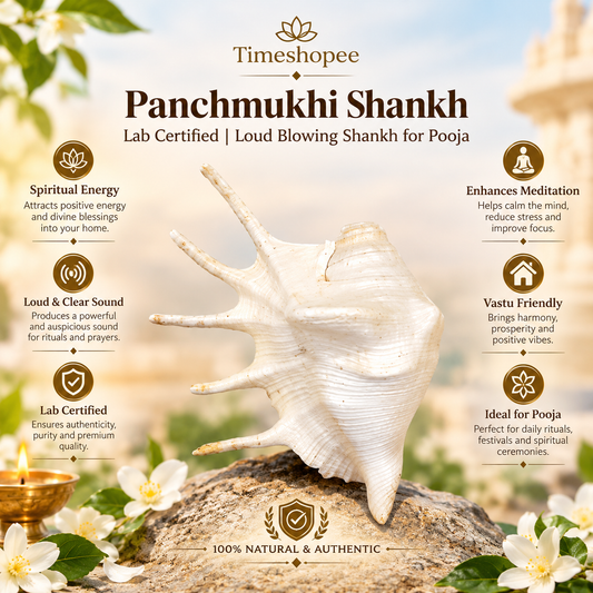 Panchmukhi Shankh, lab certified, with a natural finish, designed for loud blowing during pooja and religious ceremonies.