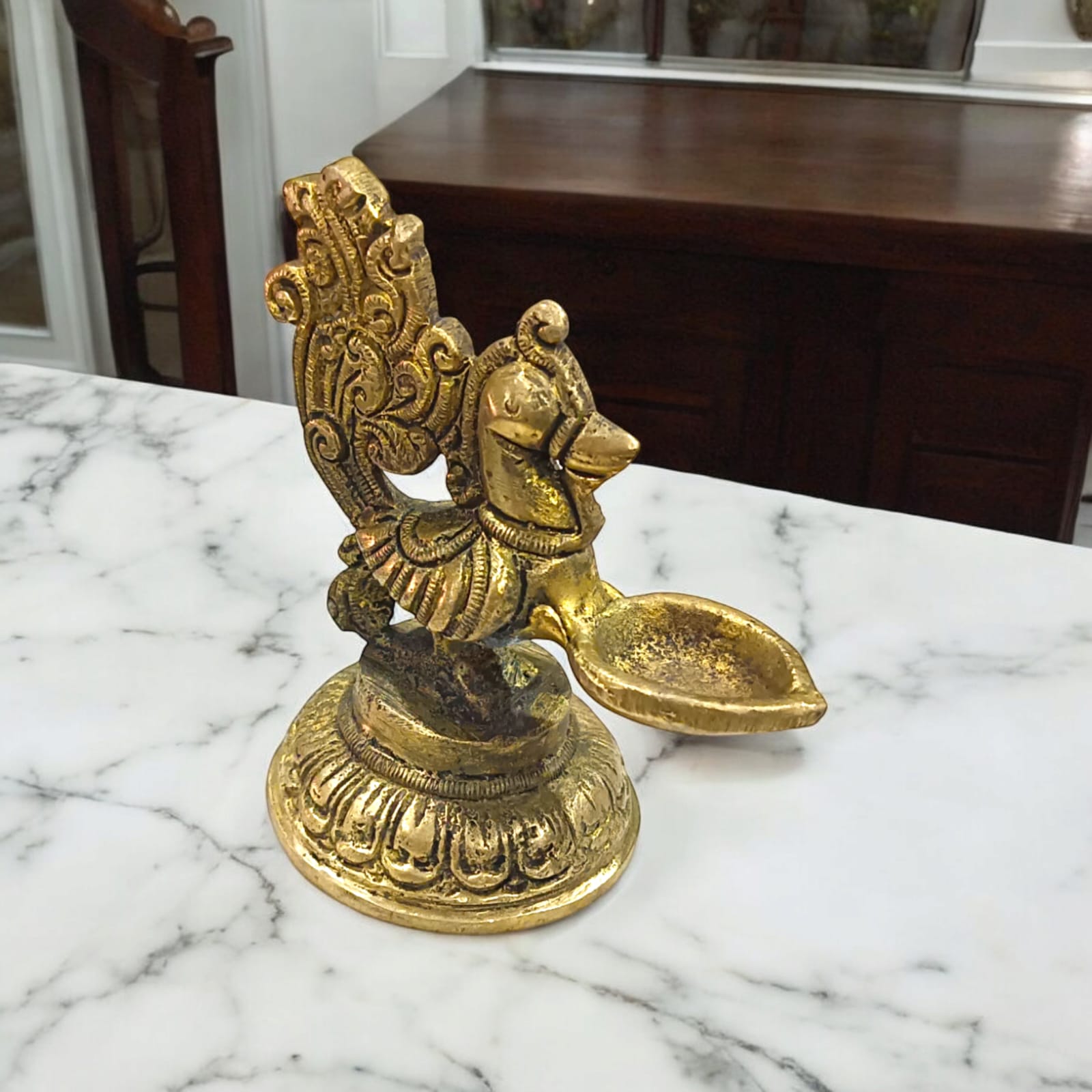 Peacock Brass Jyot with Nakshi Design for Pooja Room