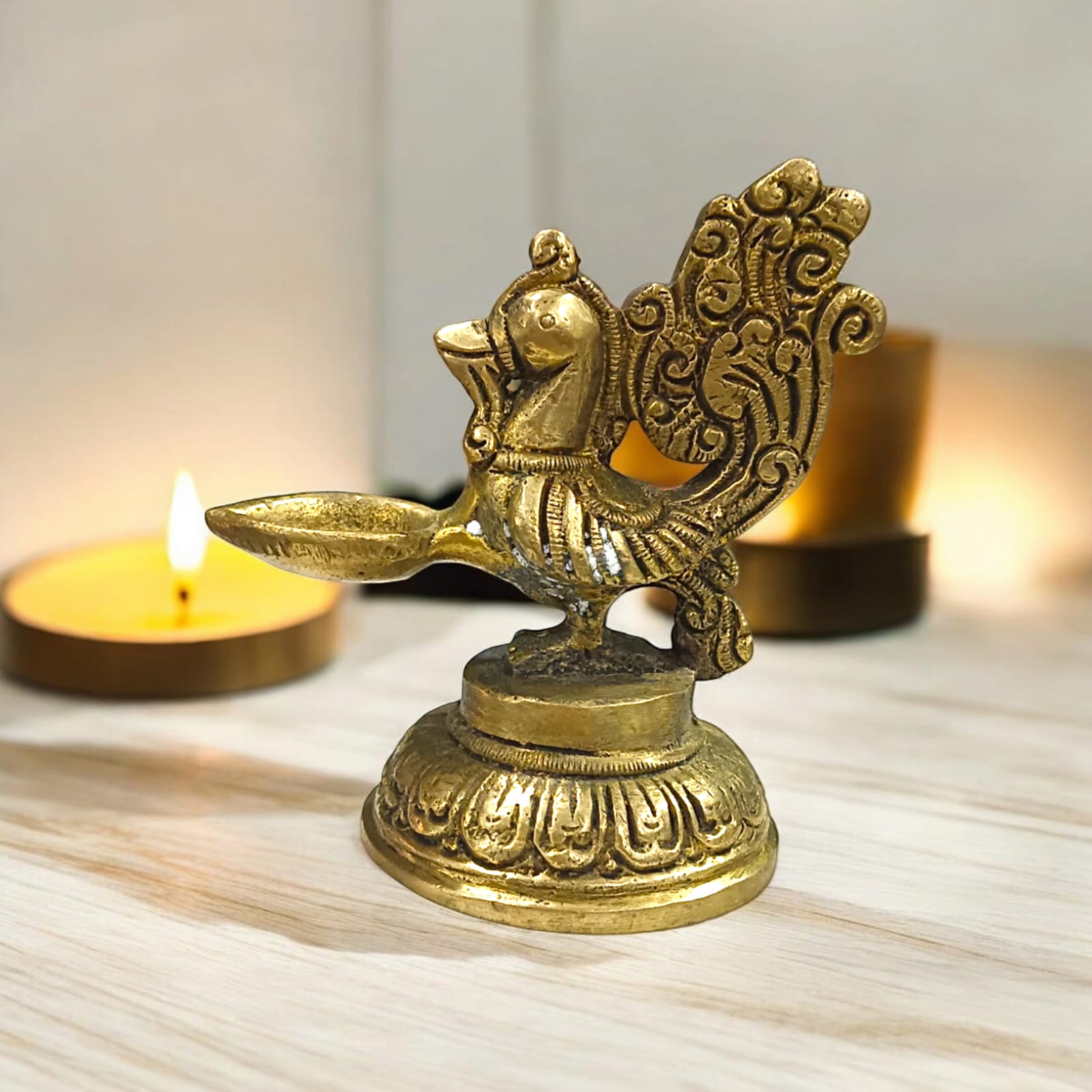 Peacock Brass Jyot with Nakshi Design for Pooja Room