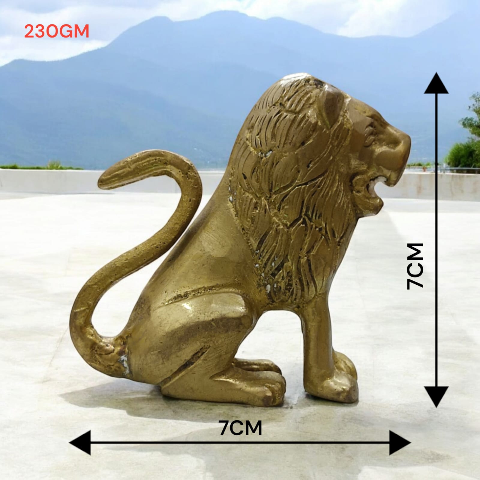 Pure Brass Lion Idol with intricate craftsmanship, perfect for table or temple decoration.