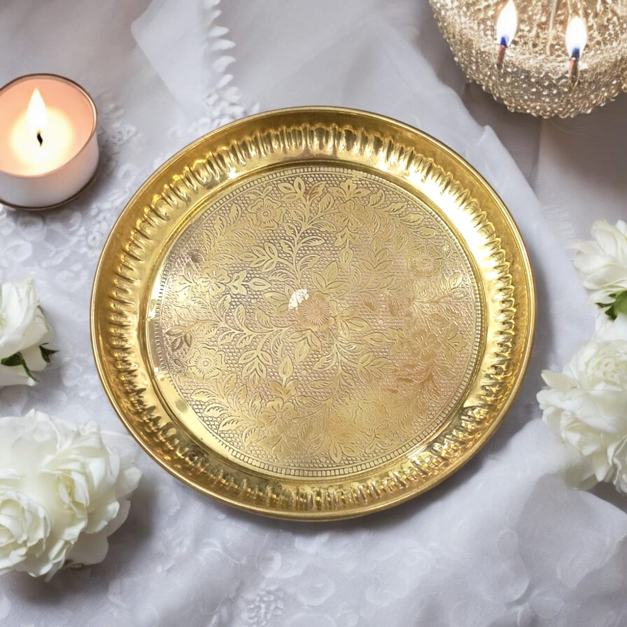 Pure Brass Pooja Plate - Heavy Brass Thali for Religious Use by Timeshopee-Online Religious Store