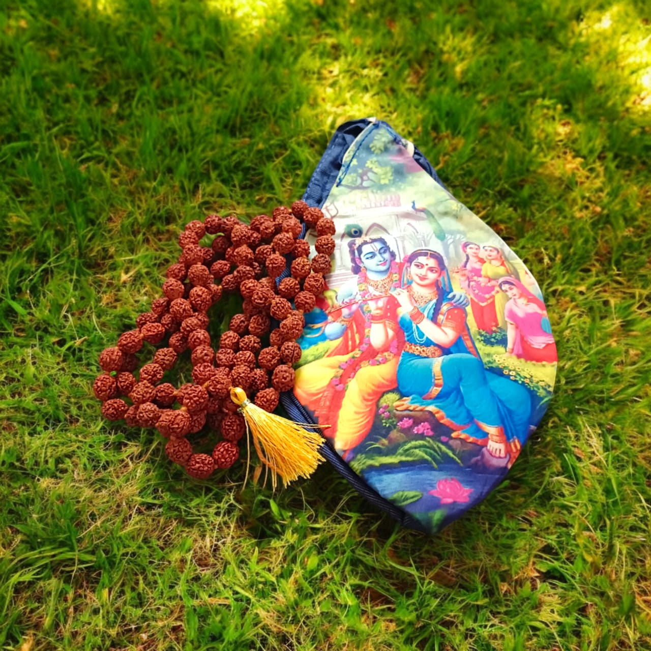 Radha Krishna Cotton Japa Mala Bag with photo-printed Gomukhi design, dimensions 25.4 x 12.7 x 2.5 cm, lightweight and available at Timeshopee.